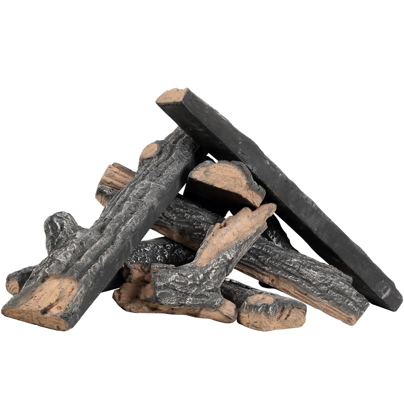 Chimenea de gas VEVOR con troncos de cerámica apilados, textura de madera realista en negro y tostado, sobre fondo blanco.