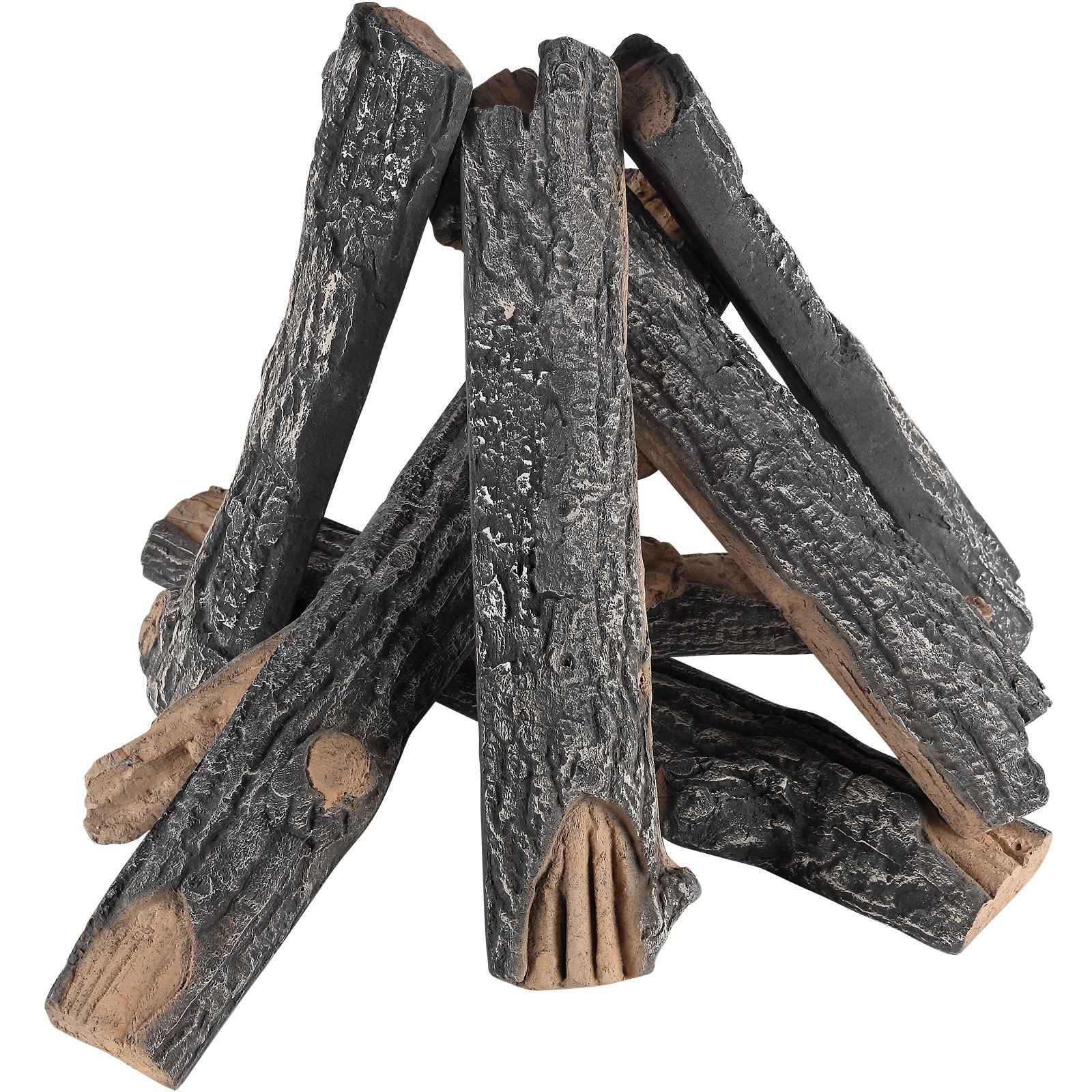 Chimenea de gas VEVOR con troncos de cerámica dispuestos en forma de pirámide, mostrando texturas de madera realistas.