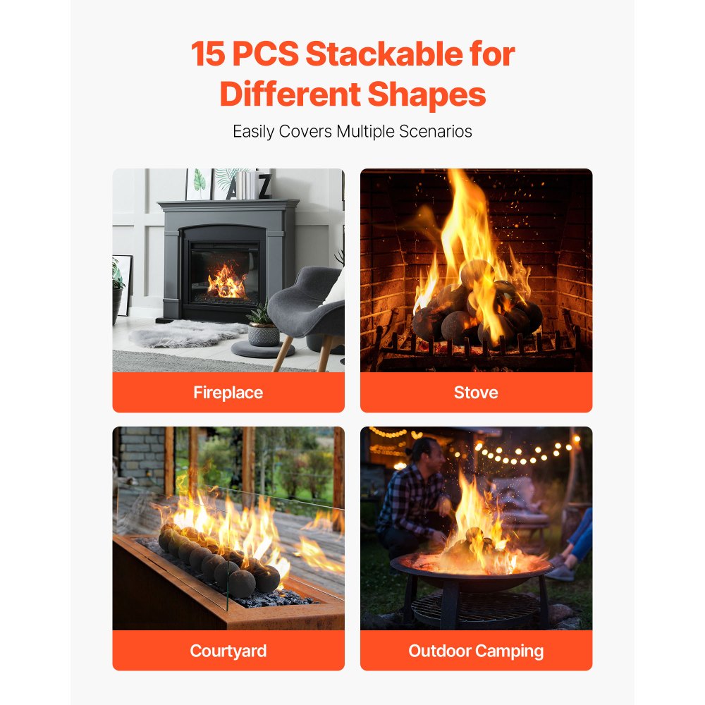 VEVOR Bolas de Cerámica para Fuego 15 Piezas 76 mm de Fibra Cerámica Piedras de Lava Redondas Reutilizables para Uso en Interiores y Exteriores para Fogatas de Propano, Gas, Estufas, Camping, Negro
