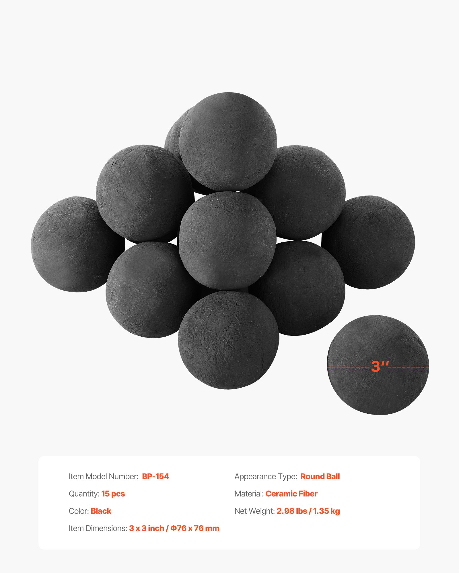 VEVOR Ceramic Fire Balls, 76 mm 15 Pcs Round Fire Stones, Reusable Lava Rocks Indoor and Outdoor Use, Decorative Fire Pit Rocks for Propane/Gas Fireplace, Stove, Courtyard, Camping, Black