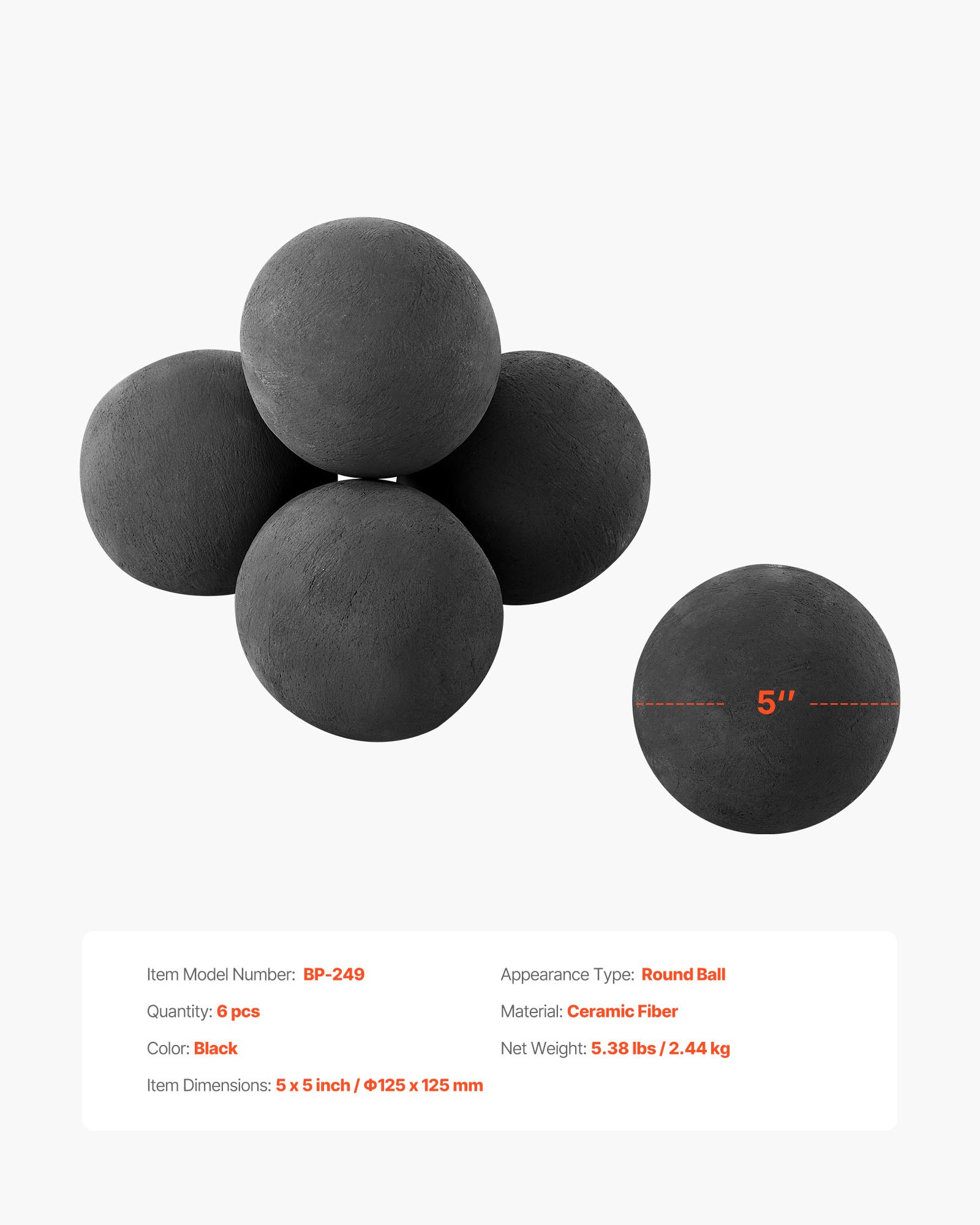 VEVOR Ceramic Fire Balls, 125 mm 6 Pcs Round Fire Stones, Reusable Lava Rocks Indoor and Outdoor Use, Decorative Fire Pit Rocks for Propane/Gas Fireplace, Stove, Courtyard, Camping, Black