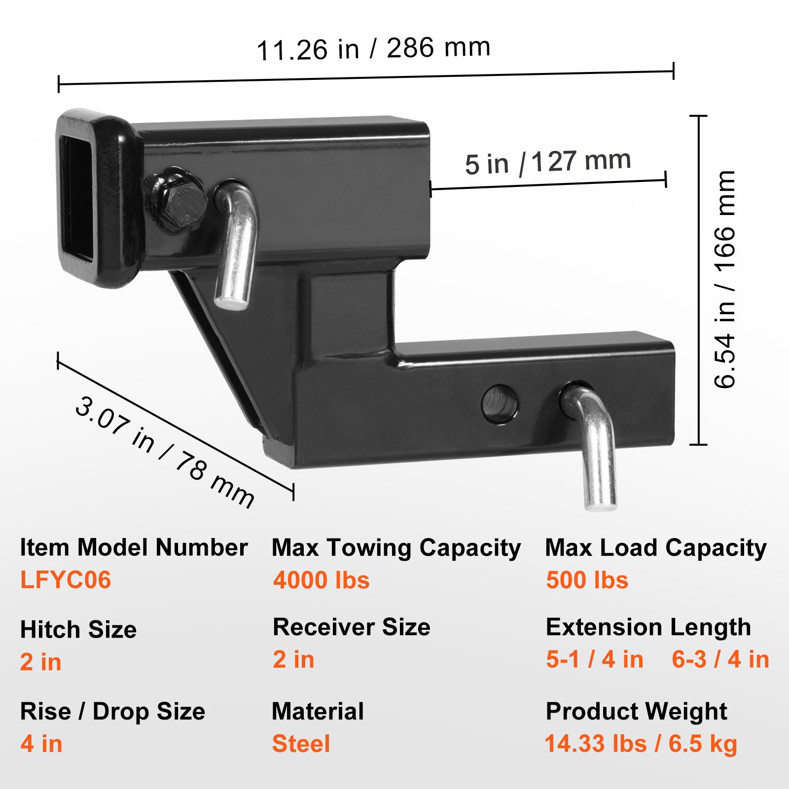 VEVOR Elevador de Enganche para Remolque Receptor 5,1cm Subida Bajada de 10,2cm