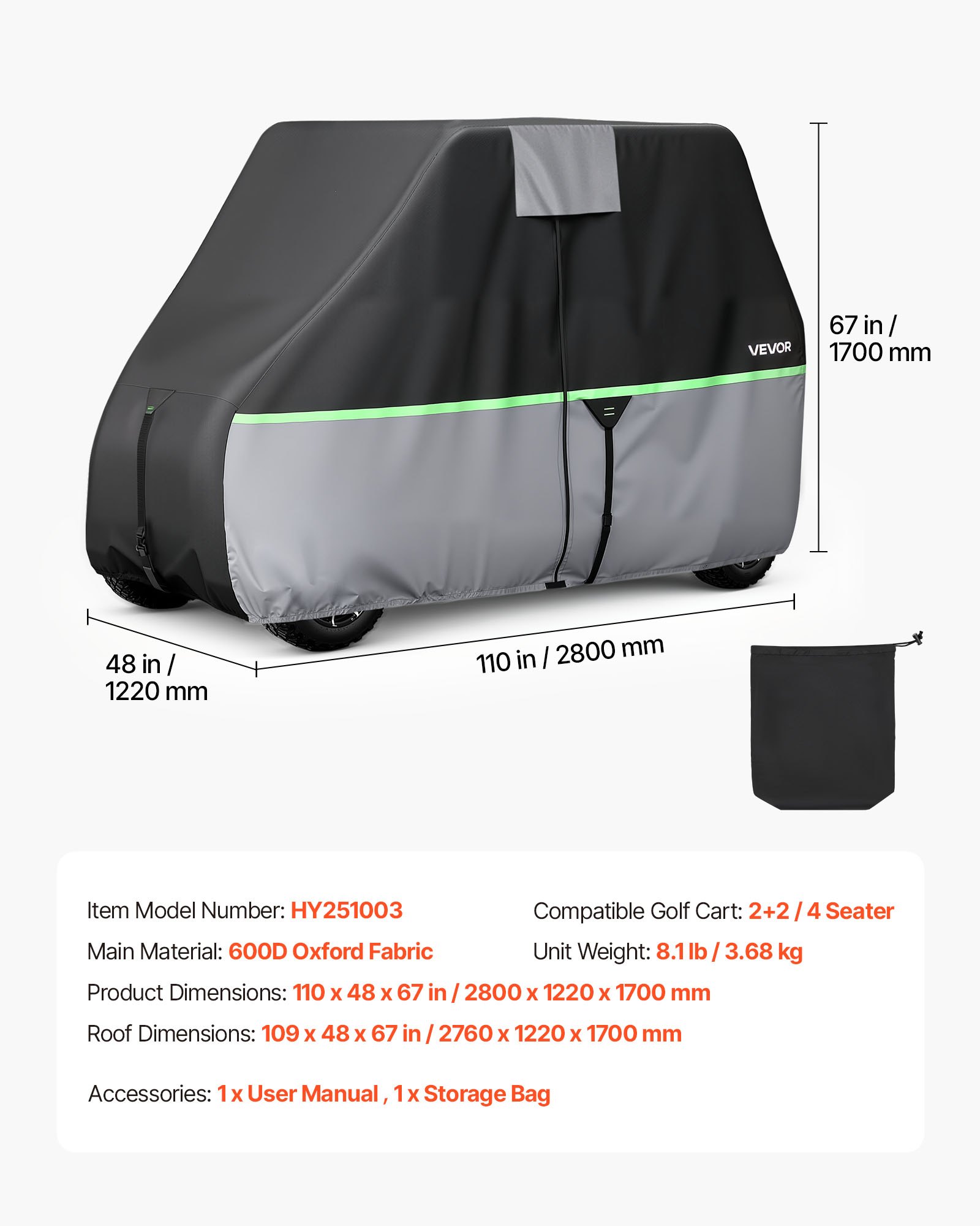 VEVOR Funda para Carrito de Golf de Tela Oxford 600D, Cubierta Impermeable para 2+2/4 Pasajeros con 3 Puertas Laterales con Cremallera, Bandas Reflectantes, Compatible con EZGO Club Car Honda Yamaha