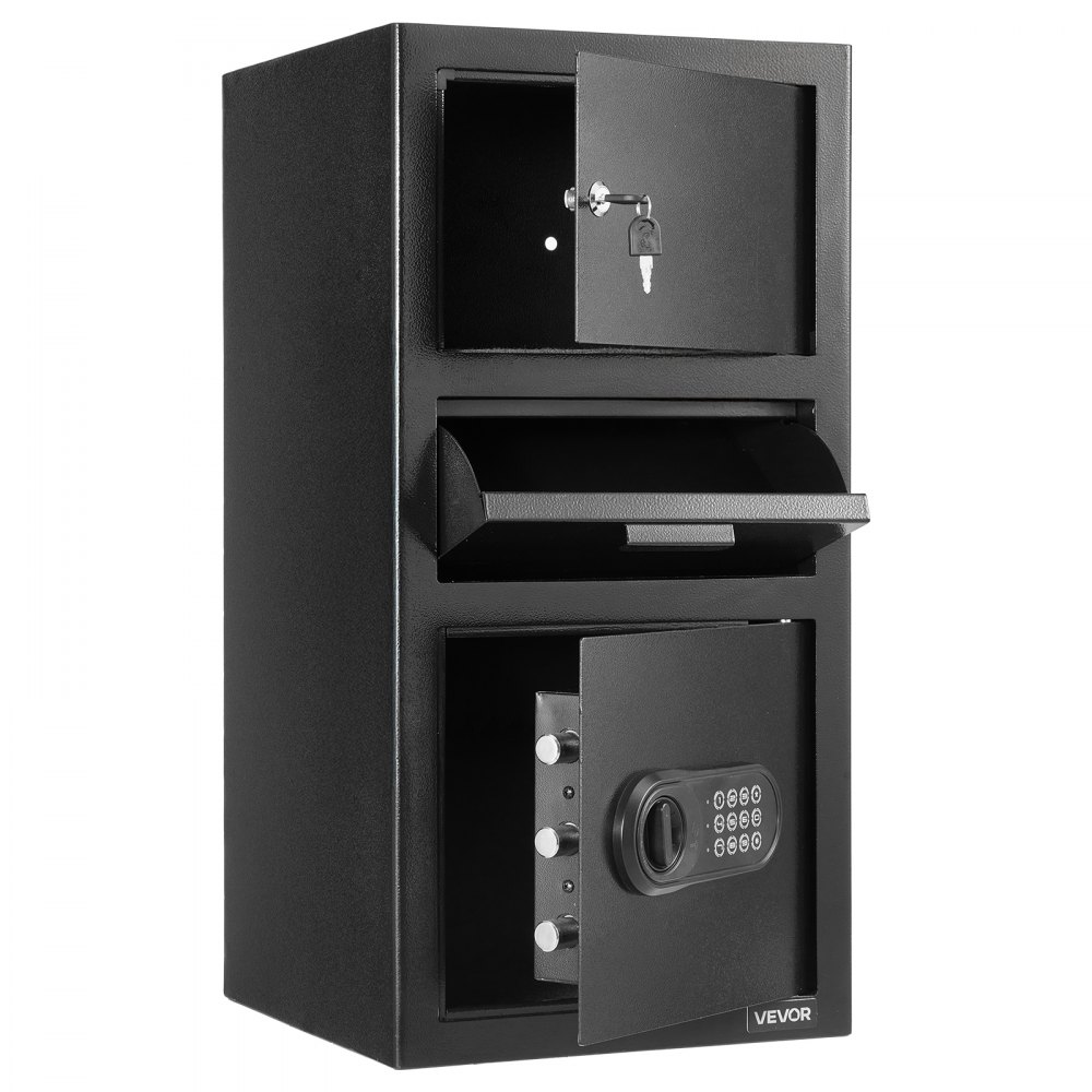 VEVOR 3.6 Cubic Feet Drop Safe, Large Capacity Front Drop Slot Safe Box with Digital Keypad, Heavy Duty 3 Tiers Cash Depository Box with Spare Keys for Cash, Bank Slip, Jewelry, Document, Bill, Black