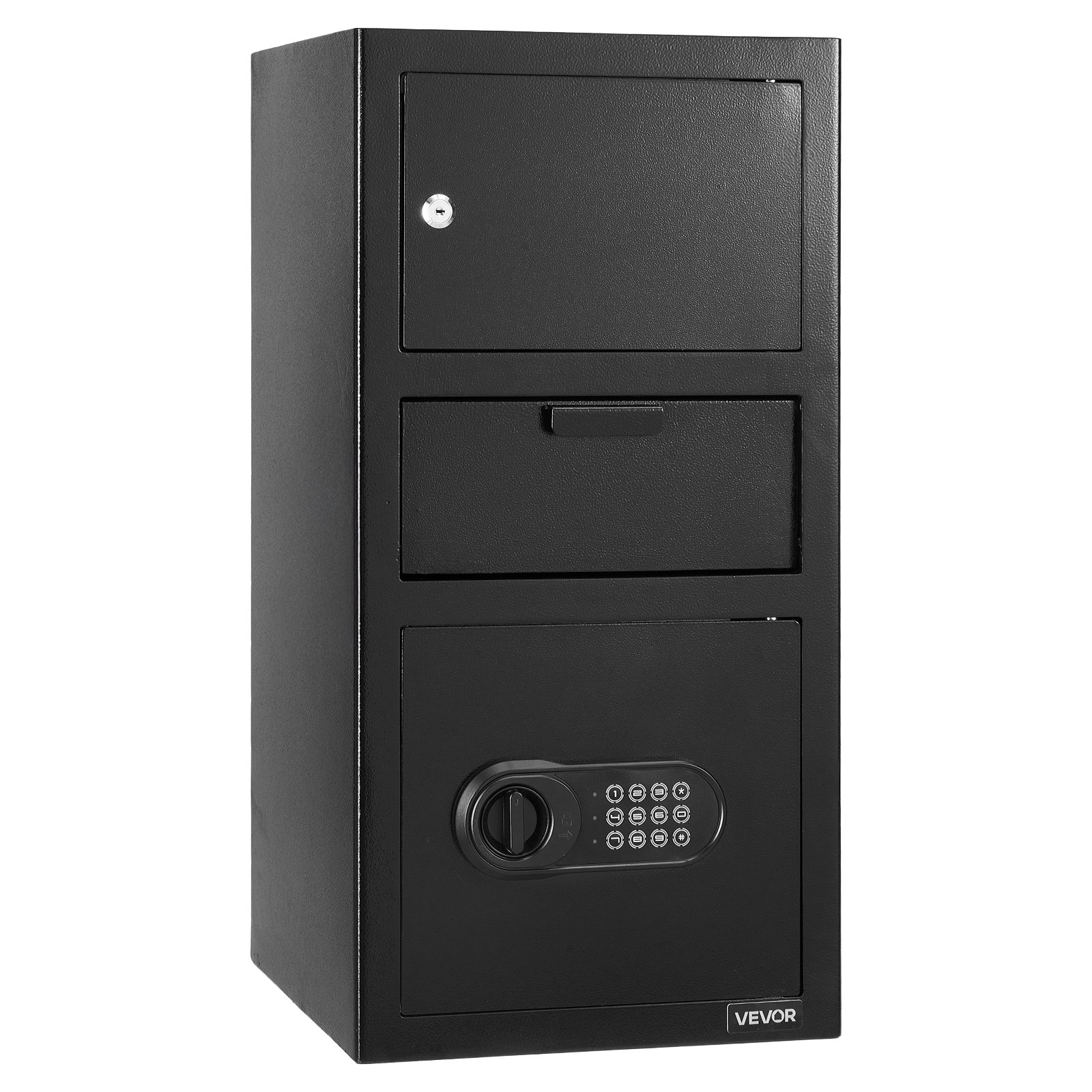 VEVOR 3.6 Cubic Feet Drop Safe, Large Capacity Front Drop Slot Safe Box with Digital Keypad, Heavy Duty 3 Tiers Cash Depository Box with Spare Keys for Cash, Bank Slip, Jewelry, Document, Bill, Black