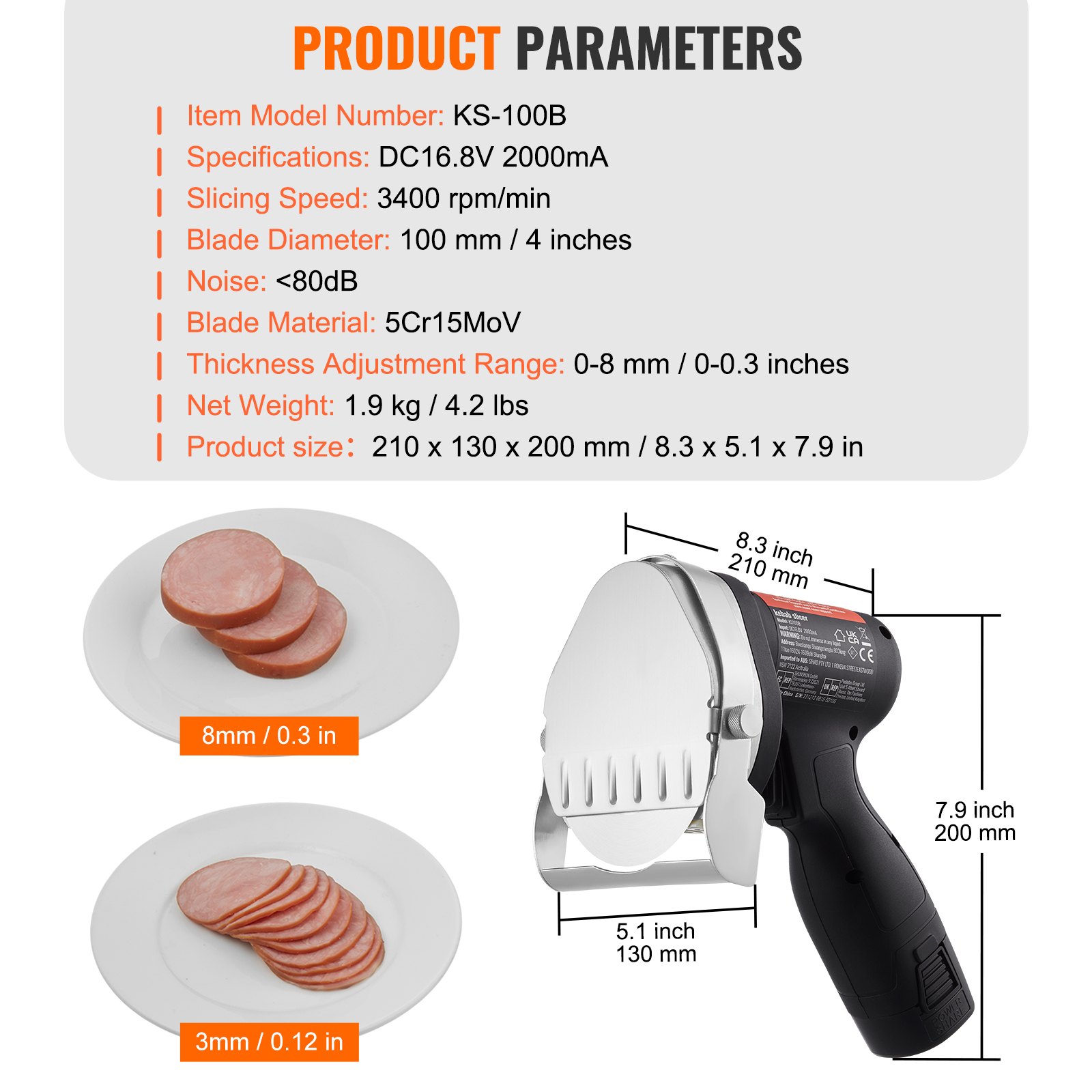 VEVOR Cuchillo Kebab Eléctrico Inalámbrico 80 W, Cortadora de Carne Shawarma Kebab Turca Comercial de Acero Inoxidable, con 2 Cuchillas de 100 mm, Espesor Ajustable 0-8 mm, para Restaurantes, Bares