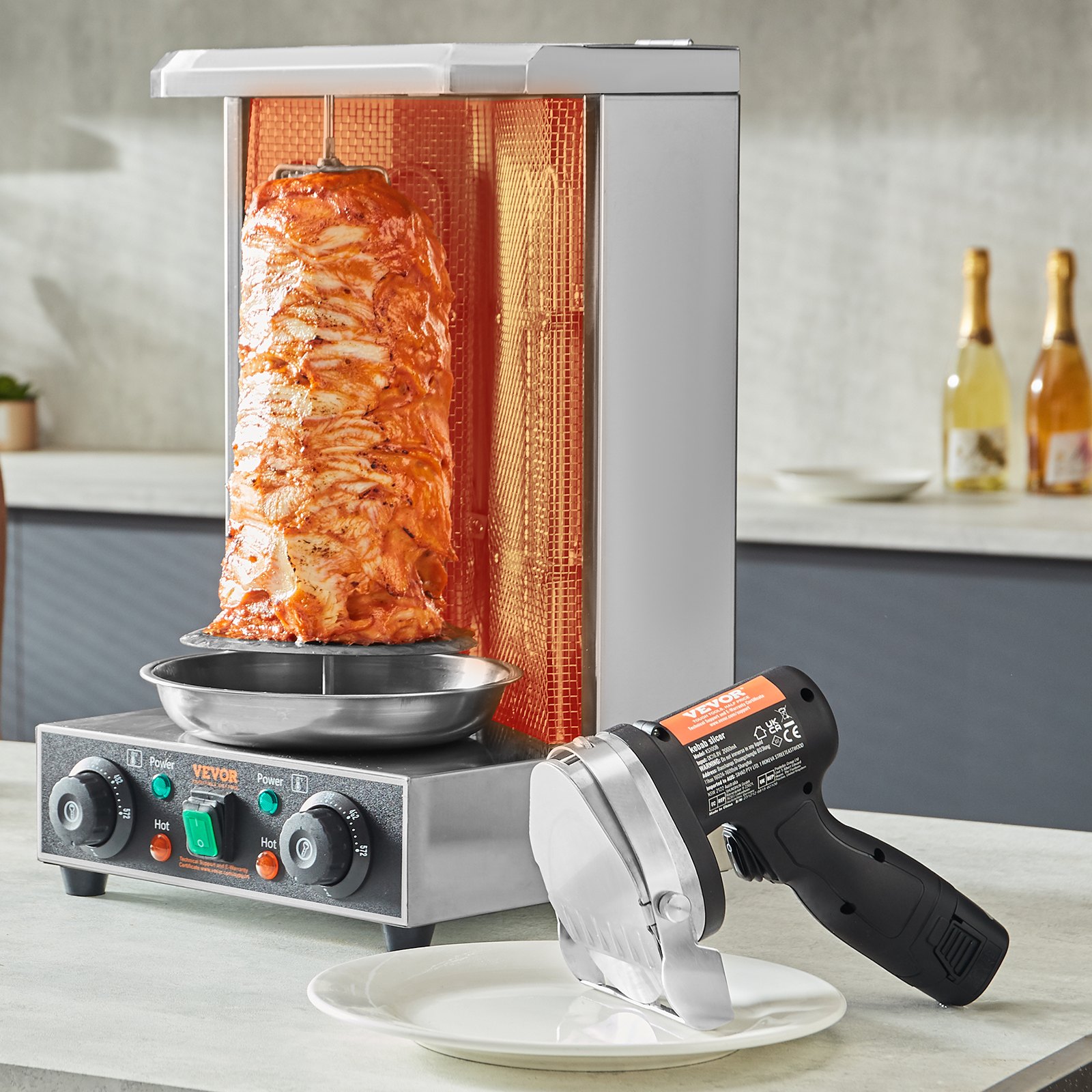 VEVOR Cuchillo Kebab Eléctrico Inalámbrico 80 W, Cortadora de Carne Shawarma Kebab Turca Comercial de Acero Inoxidable, con 2 Cuchillas de 100 mm, Espesor Ajustable 0-8 mm, para Restaurantes, Bares