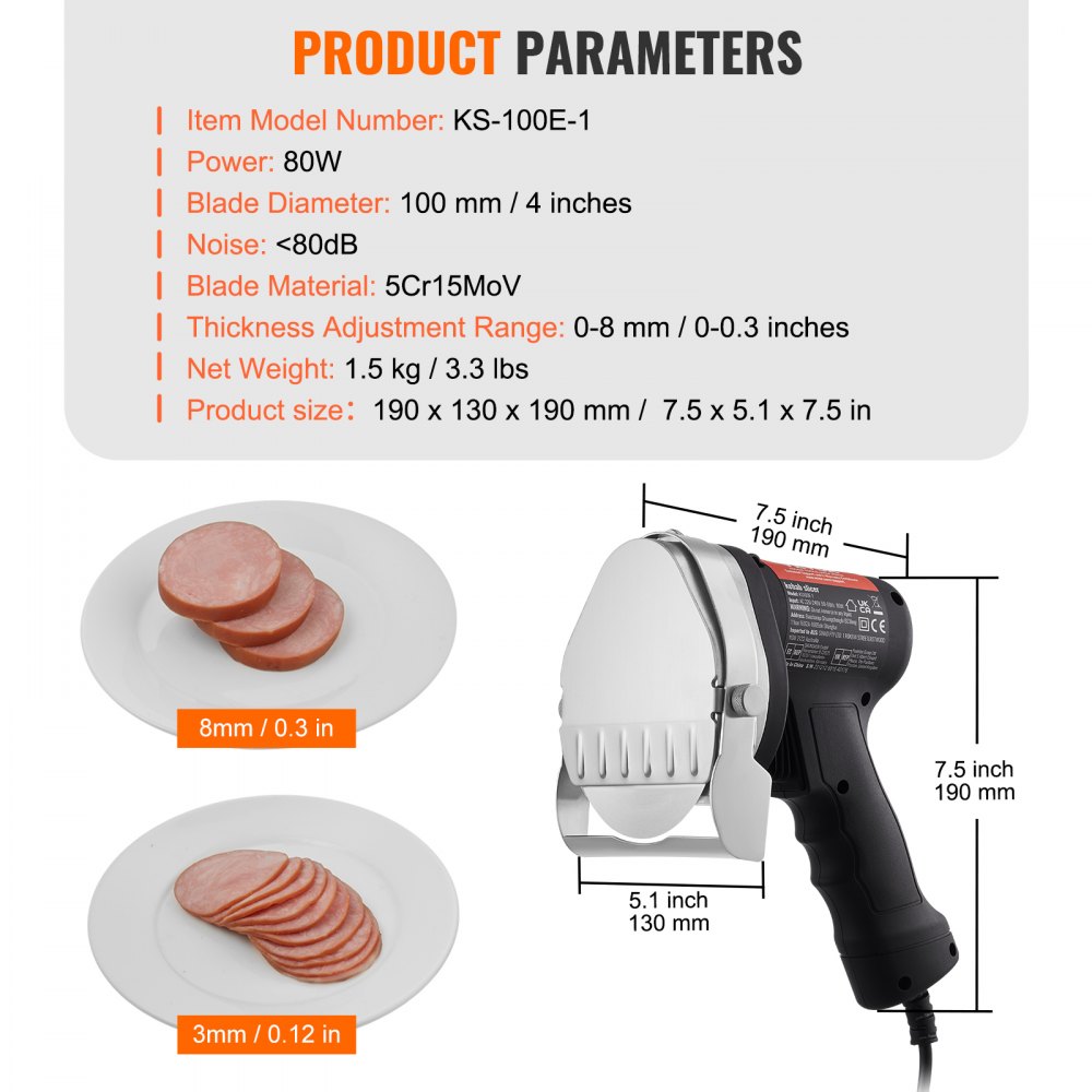VEVOR Cuchillo Eléctrico Kebab 80W, Cortadora de Carne Shawarma Turca Kebab Comercial de Acero Inoxidable con 2 Cuchillas Diámetro 100 mm, Espesor Ajustable 0-8 mm, para Restaurante, Snack-Bar
