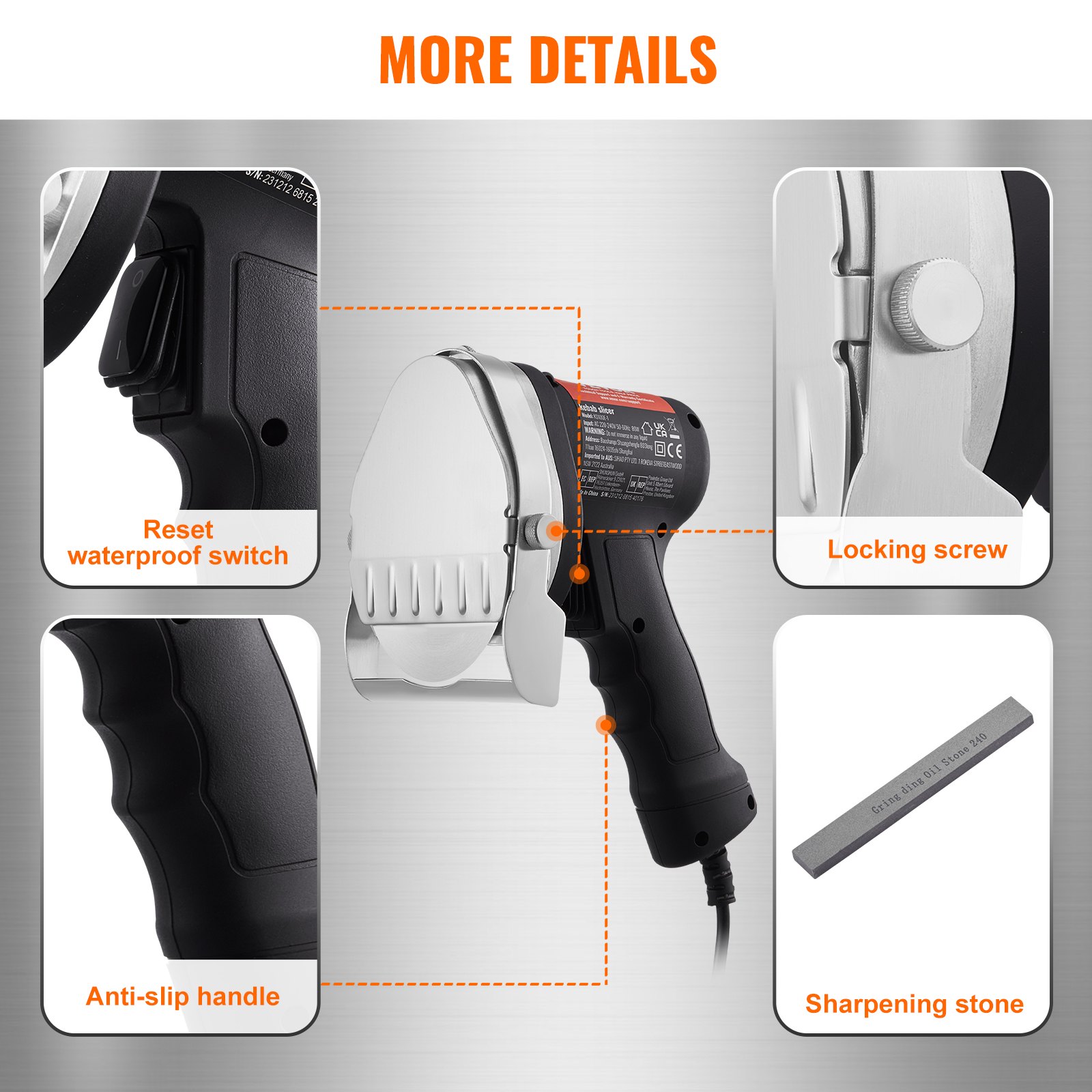 VEVOR Cuchillo Eléctrico Kebab 80W, Cortadora de Carne Shawarma Turca Kebab Comercial de Acero Inoxidable con 2 Cuchillas Diámetro 100 mm, Espesor Ajustable 0-8 mm, para Restaurante, Snack-Bar