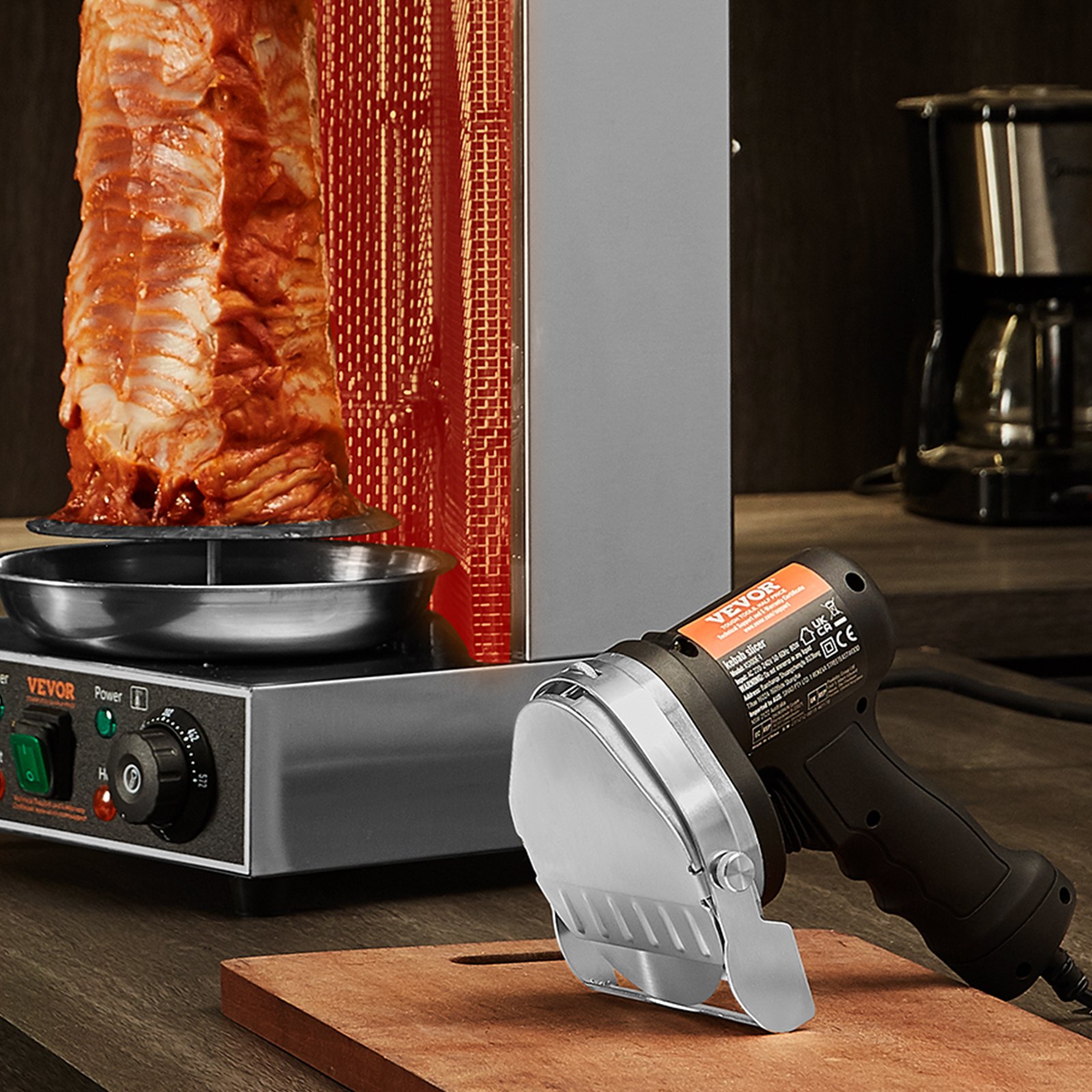 VEVOR Cuchillo Eléctrico Kebab 80W, Cortadora de Carne Shawarma Turca Kebab Comercial de Acero Inoxidable con 2 Cuchillas Diámetro 100 mm, Espesor Ajustable 0-8 mm, para Restaurante, Snack-Bar