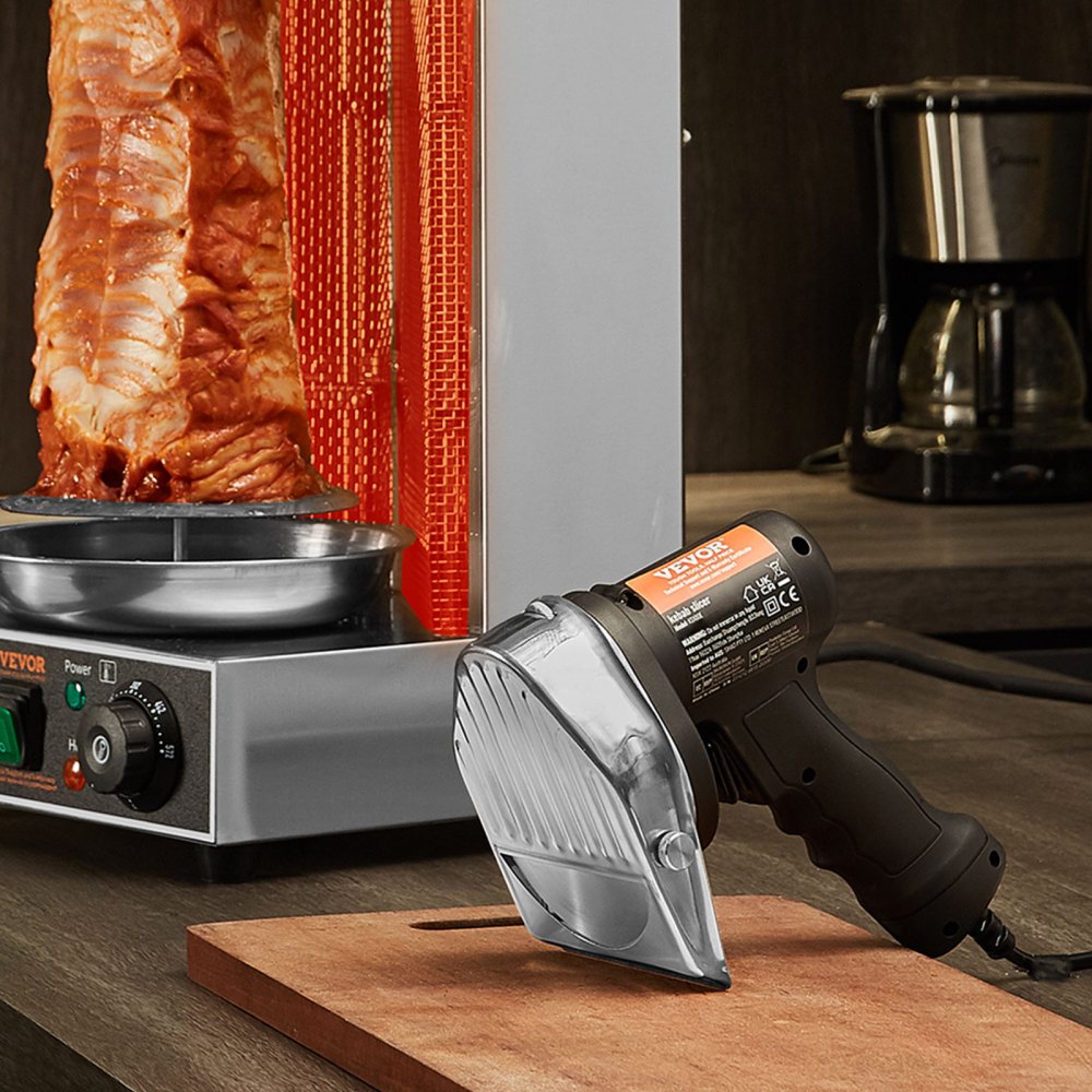 VEVOR Cuchillo Kebab Eléctrico 80 W, Shawarma Döner Kebab Cortador de Carne Turco Comercial de Acero Inoxidable, con 2 Cuchillas Diámetro 100 mm, Grosor Ajustable 0-8 mm, para Restaurante, Snack-bar