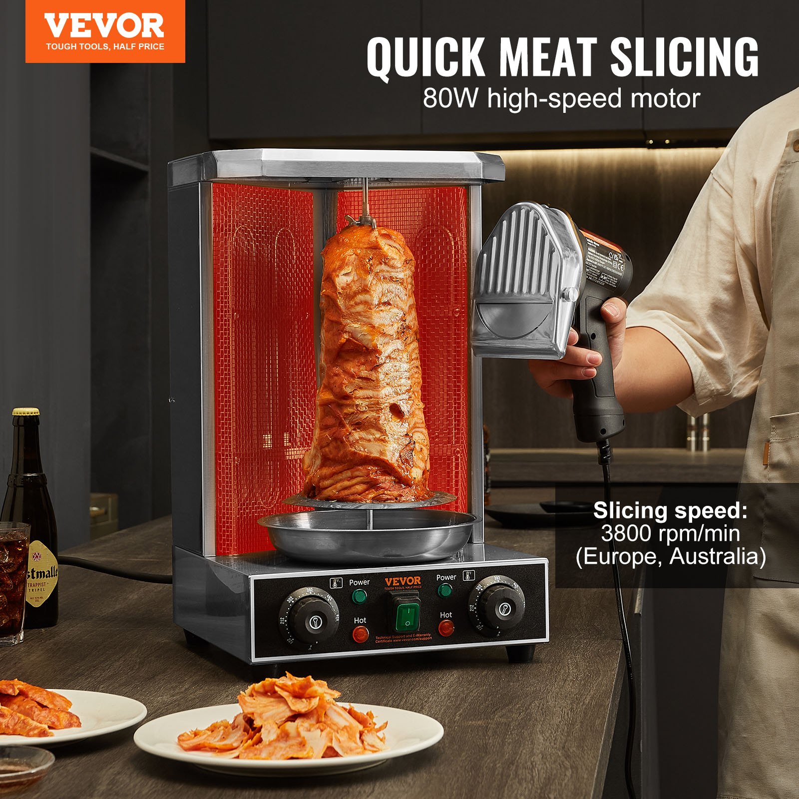 VEVOR Cuchillo Kebab Eléctrico 80 W, Shawarma Döner Kebab Cortador de Carne Turco Comercial de Acero Inoxidable, con 2 Cuchillas Diámetro 100 mm, Grosor Ajustable 0-8 mm, para Restaurante, Snack-bar