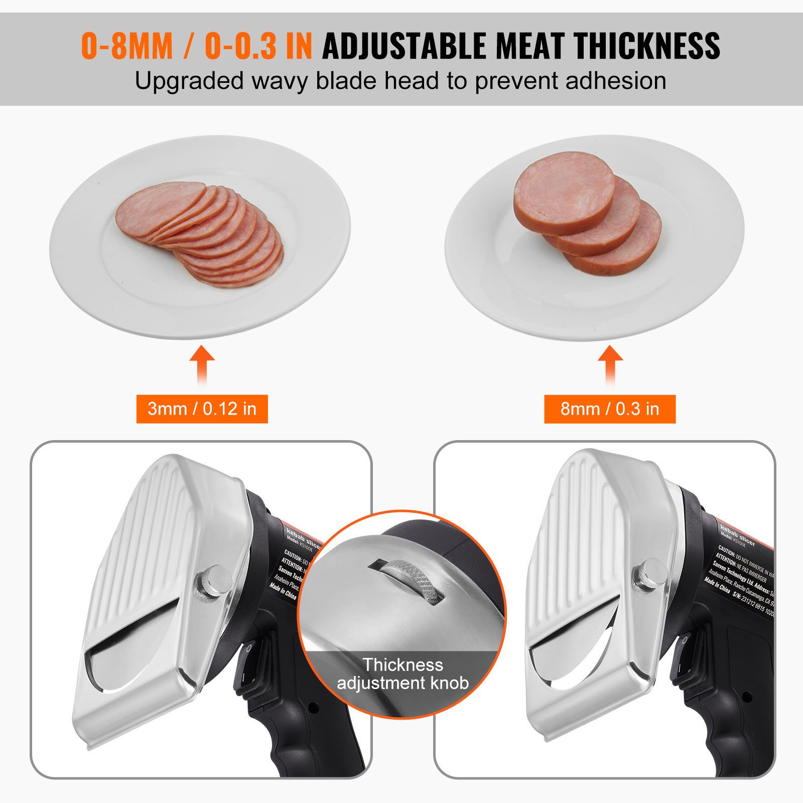 VEVOR Cuchillo Kebab Eléctrico 80 W, Shawarma Döner Kebab Cortador de Carne Turco Comercial de Acero Inoxidable, con 2 Cuchillas Diámetro 100 mm, Grosor Ajustable 0-8 mm, para Restaurante, Snack-bar