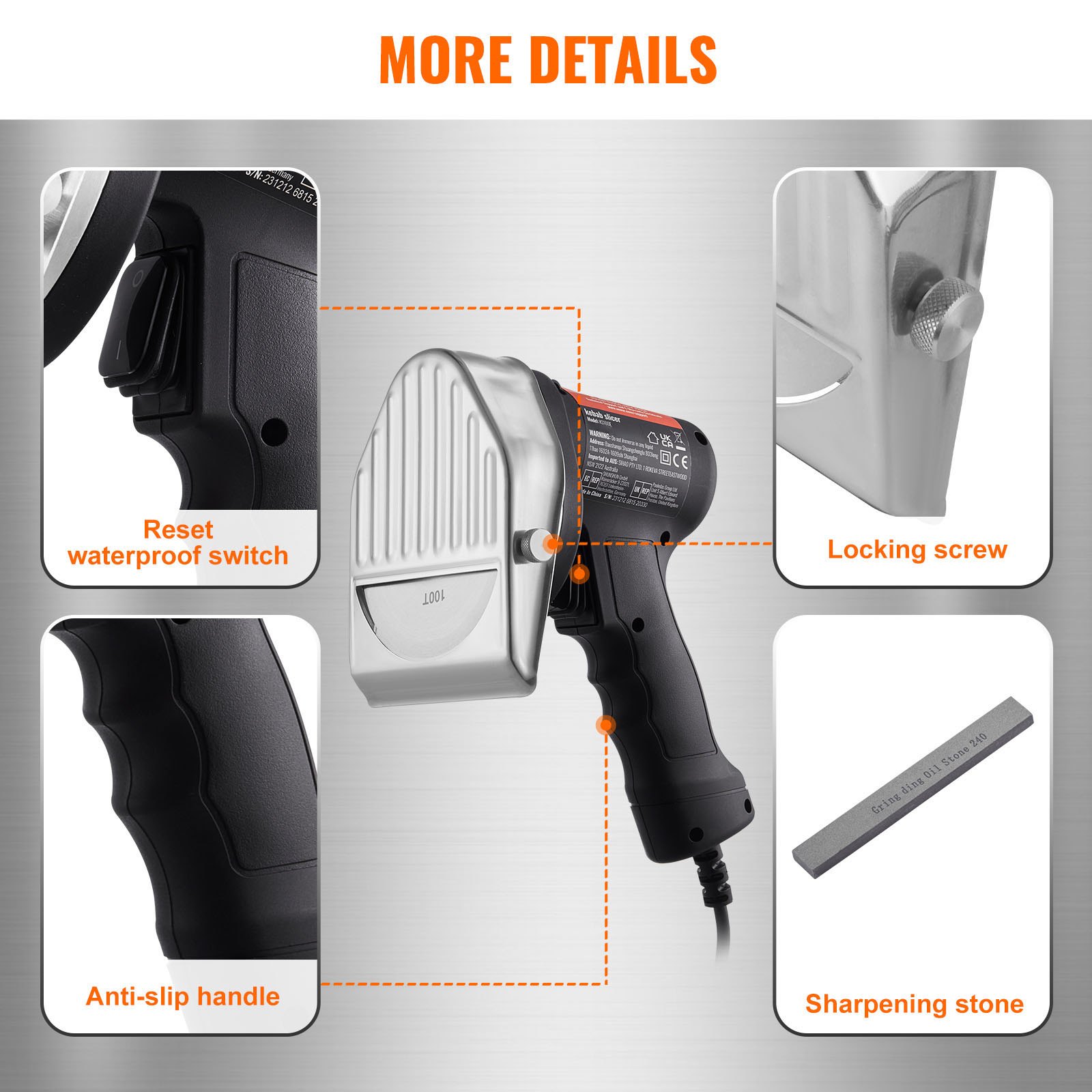 VEVOR Cuchillo Kebab Eléctrico 80 W, Shawarma Döner Kebab Cortador de Carne Turco Comercial de Acero Inoxidable, con 2 Cuchillas Diámetro 100 mm, Grosor Ajustable 0-8 mm, para Restaurante, Snack-bar