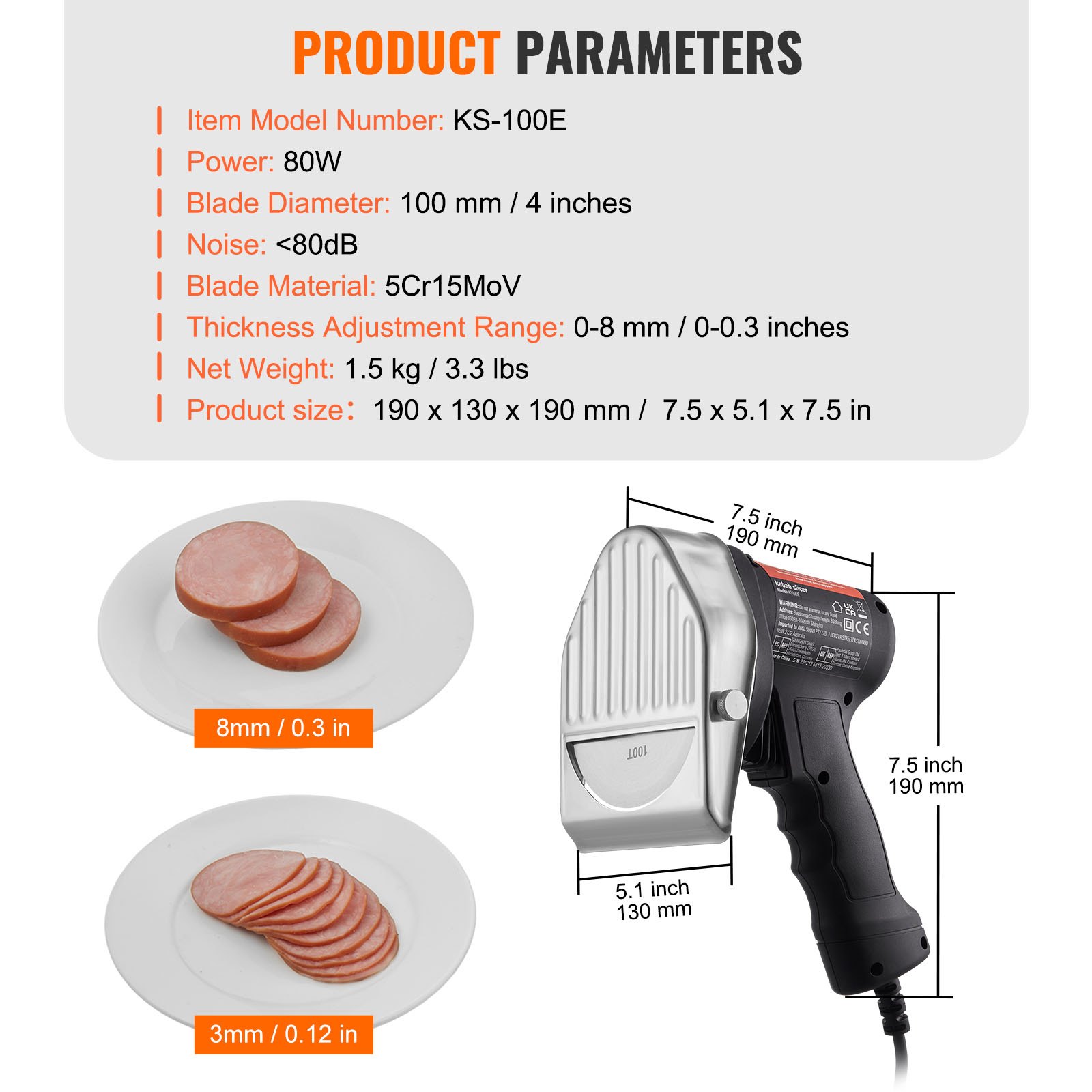 VEVOR Cuchillo Kebab Eléctrico 80 W, Shawarma Döner Kebab Cortador de Carne Turco Comercial de Acero Inoxidable, con 2 Cuchillas Diámetro 100 mm, Grosor Ajustable 0-8 mm, para Restaurante, Snack-bar