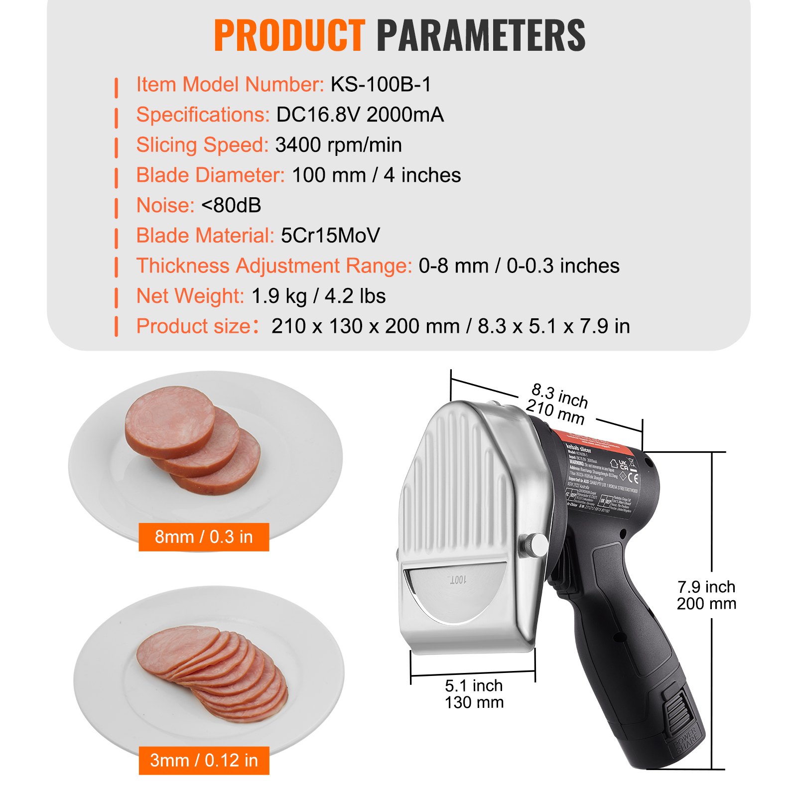 VEVOR Cortafiambres Eléctrico sin Cable 80 W, Cortafiambres Comercial de Acero Inoxidable Shawarma Döner Kebab, con Batería 2 Cuchillas D100 mm, Grosor Ajustable 0-8 mm, para Restaurante, Snack-bar