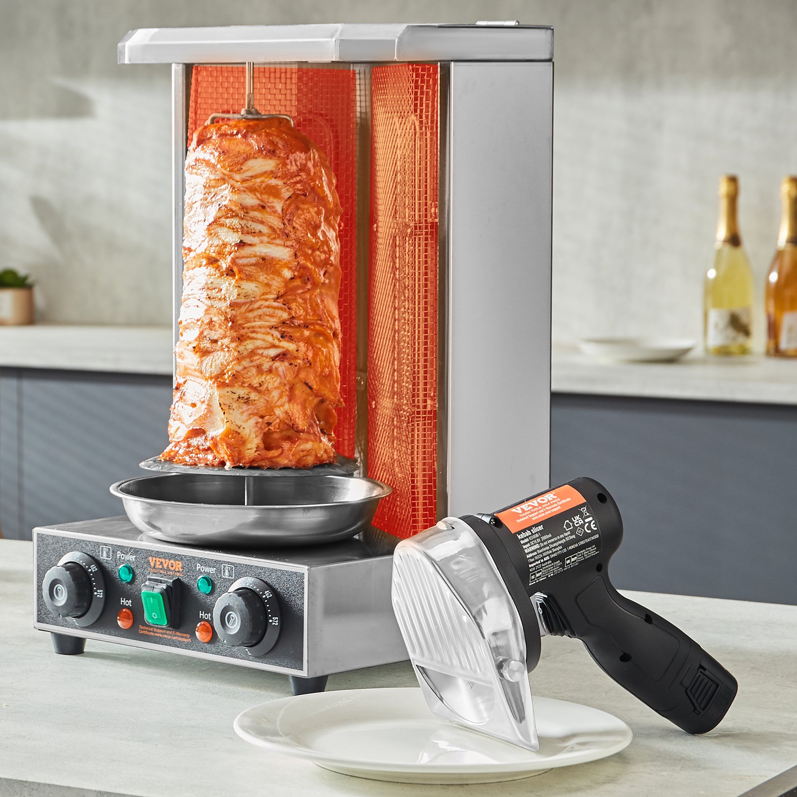 VEVOR Cortafiambres Eléctrico sin Cable 80 W, Cortafiambres Comercial de Acero Inoxidable Shawarma Döner Kebab, con Batería 2 Cuchillas D100 mm, Grosor Ajustable 0-8 mm, para Restaurante, Snack-bar