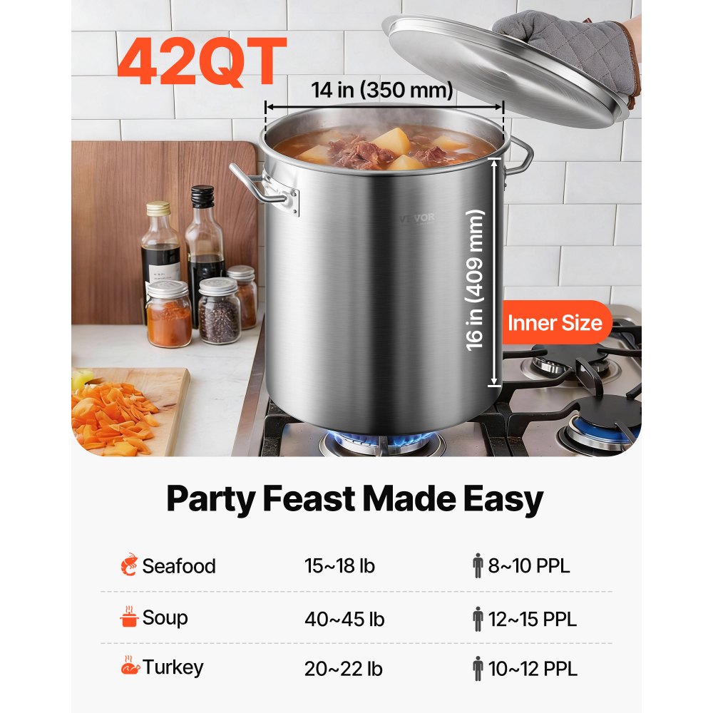 VEVOR Olla para Sopa de 39,7 L con tapa, Diámetro de 35 cm, Altura de 41 cm, Olla Grande de Acero Inoxidable con Asa y Colador, Llama Abierta e Inducción para Eventos Comerciales, Restaurantes