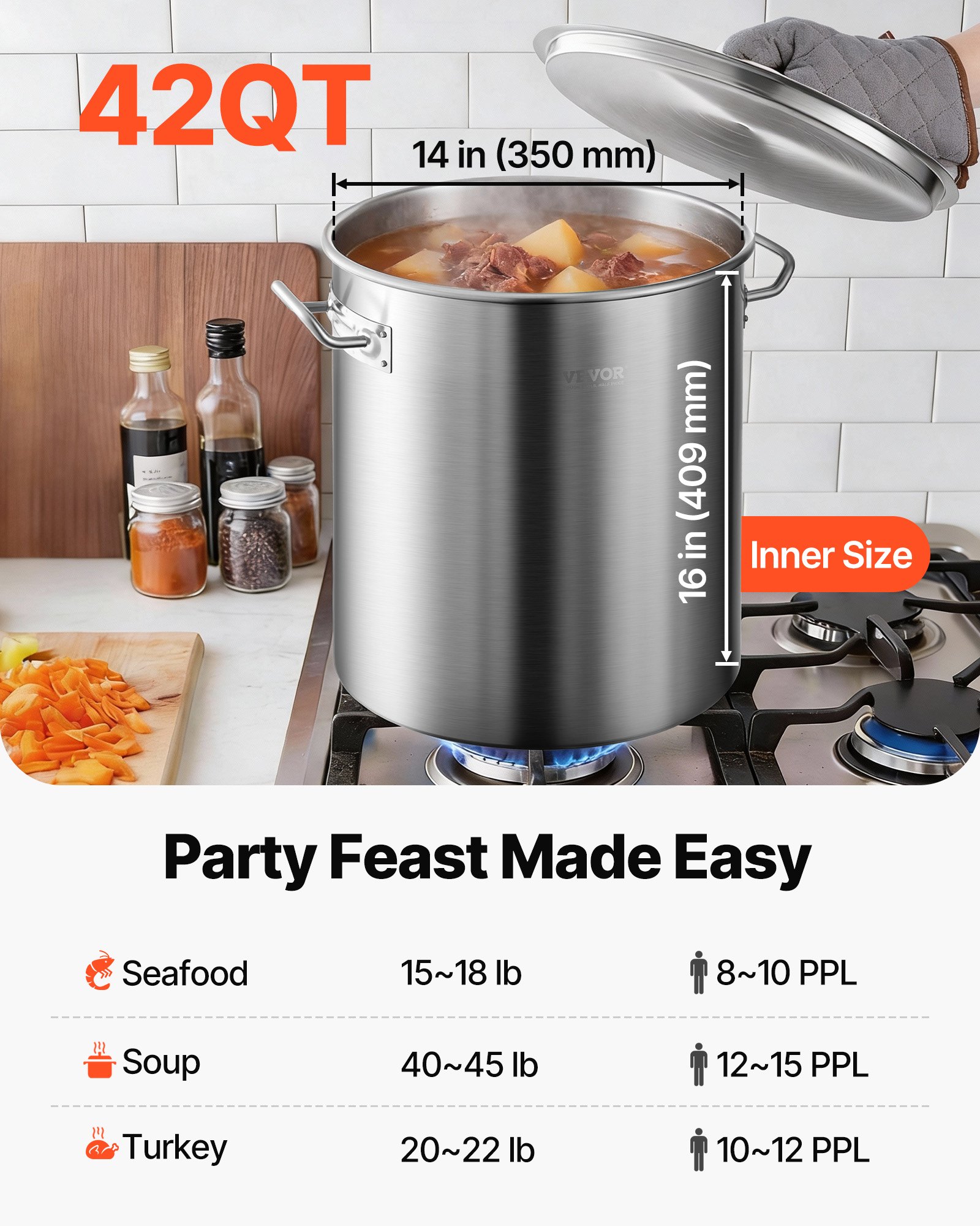 VEVOR Olla para Sopa de 39,7 L con tapa, Diámetro de 35 cm, Altura de 41 cm, Olla Grande de Acero Inoxidable con Asa y Colador, Llama Abierta e Inducción para Eventos Comerciales, Restaurantes