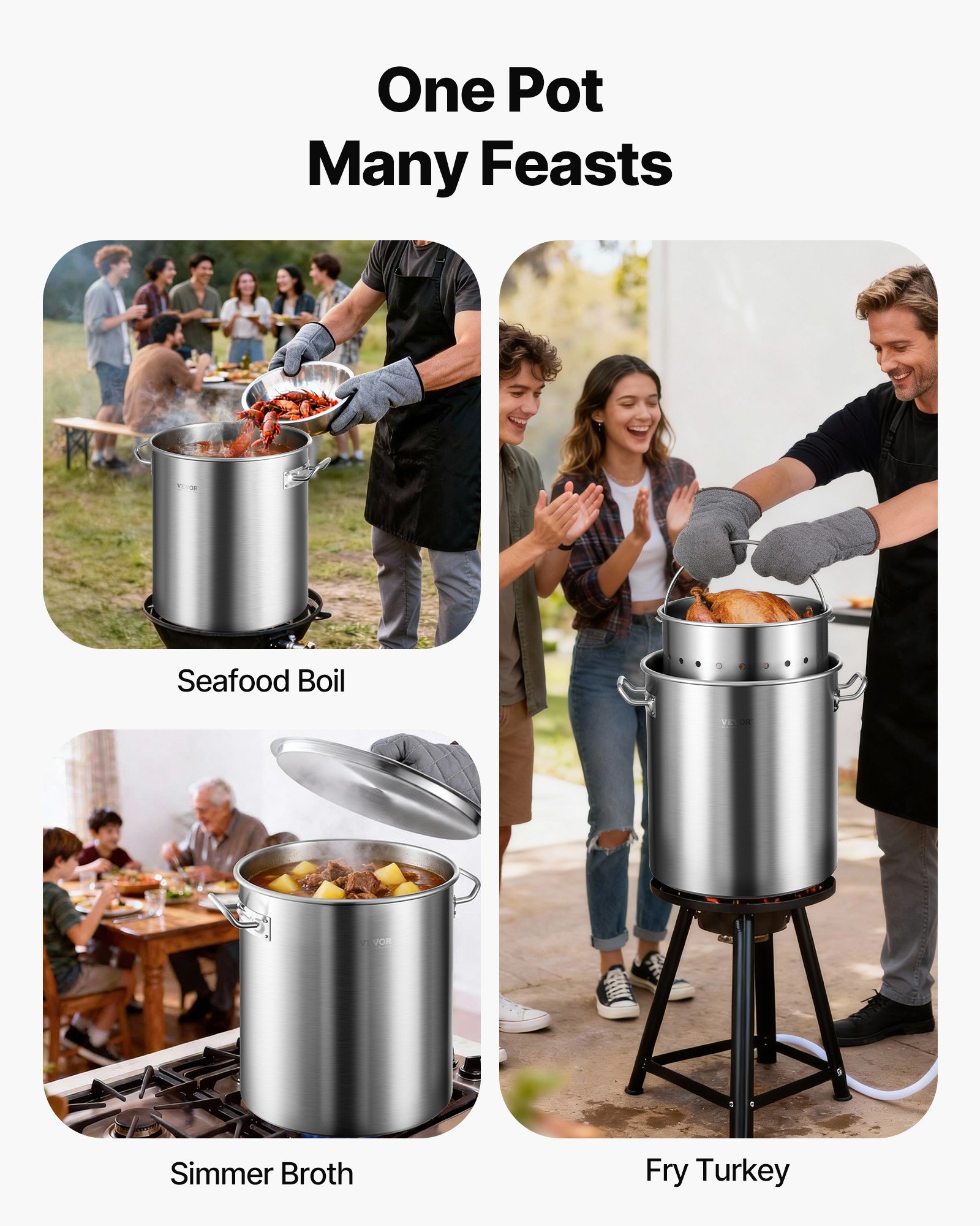 VEVOR Olla para Sopa de 39,7 L con tapa, Diámetro de 35 cm, Altura de 41 cm, Olla Grande de Acero Inoxidable con Asa y Colador, Llama Abierta e Inducción para Eventos Comerciales, Restaurantes