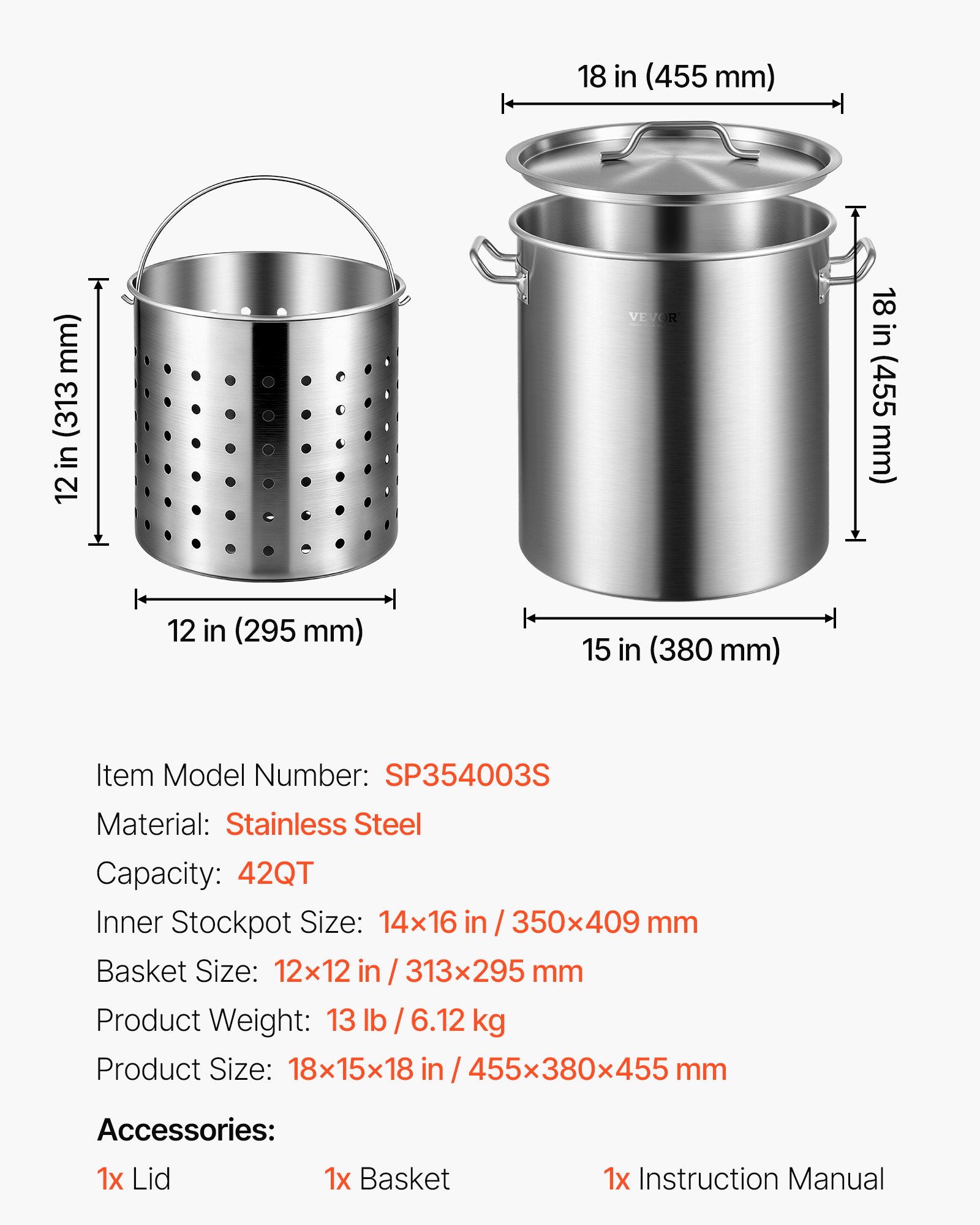 VEVOR Olla para Sopa de 39,7 L con tapa, Diámetro de 35 cm, Altura de 41 cm, Olla Grande de Acero Inoxidable con Asa y Colador, Llama Abierta e Inducción para Eventos Comerciales, Restaurantes