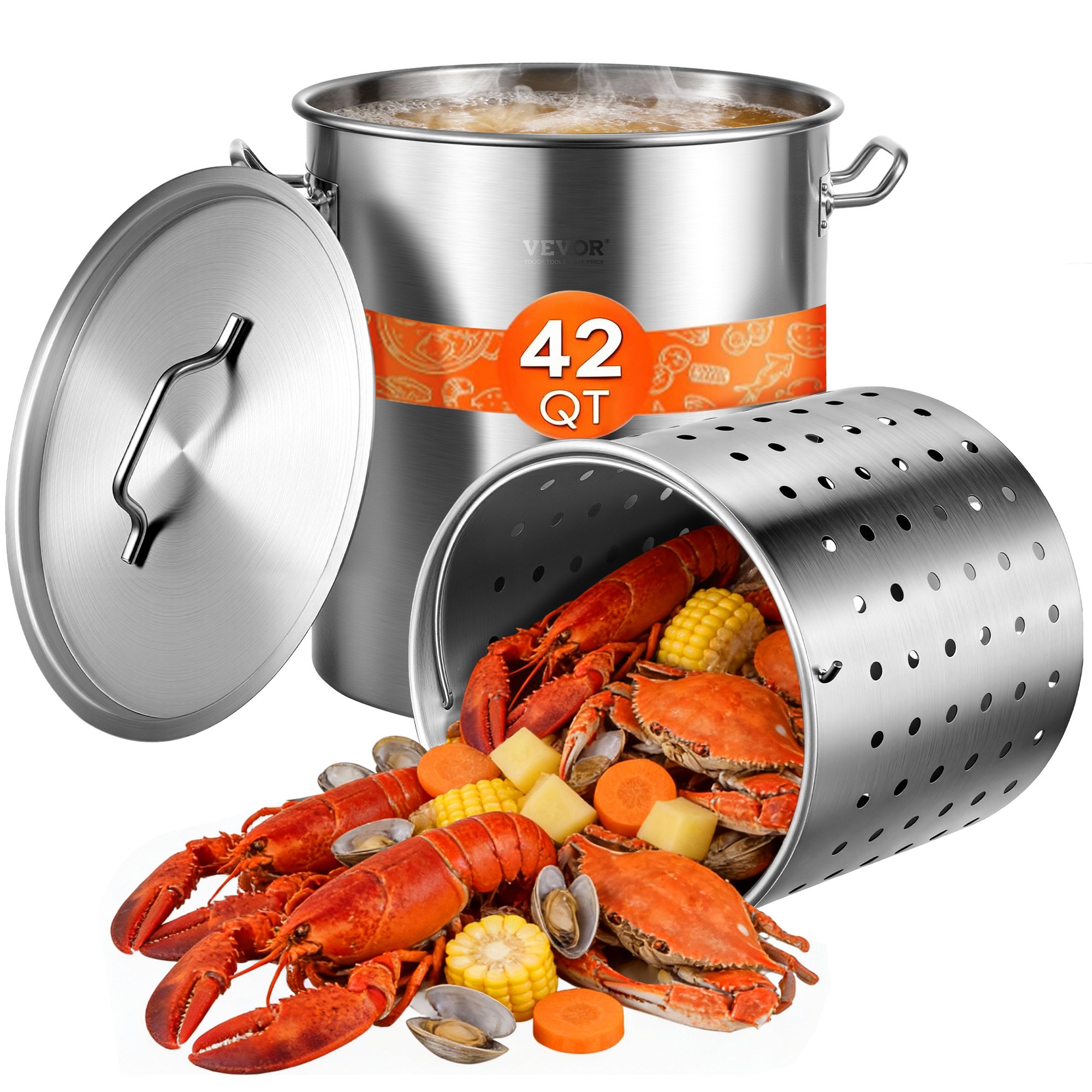 VEVOR Olla para Sopa de 39,7 L con tapa, Diámetro de 35 cm, Altura de 41 cm, Olla Grande de Acero Inoxidable con Asa y Colador, Llama Abierta e Inducción para Eventos Comerciales, Restaurantes