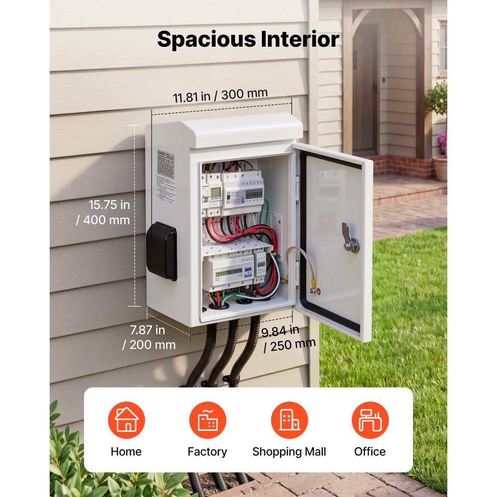 VEVOR Caja de Distribución Eléctrica de Acero Laminado en Frío, Armario de Distribución Impermeable con Termostato y Ventilador, Placa de Montaje, Carcasa Abatible, Montaje en Pared, 25 x 20 x 40 mm