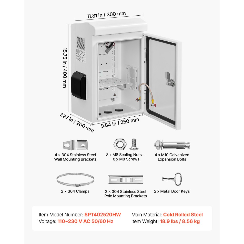 VEVOR Caja de Distribución Eléctrica de Acero Laminado en Frío, Armario de Distribución Impermeable con Termostato y Ventilador, Placa de Montaje, Carcasa Abatible, Montaje en Pared, 25 x 20 x 40 mm