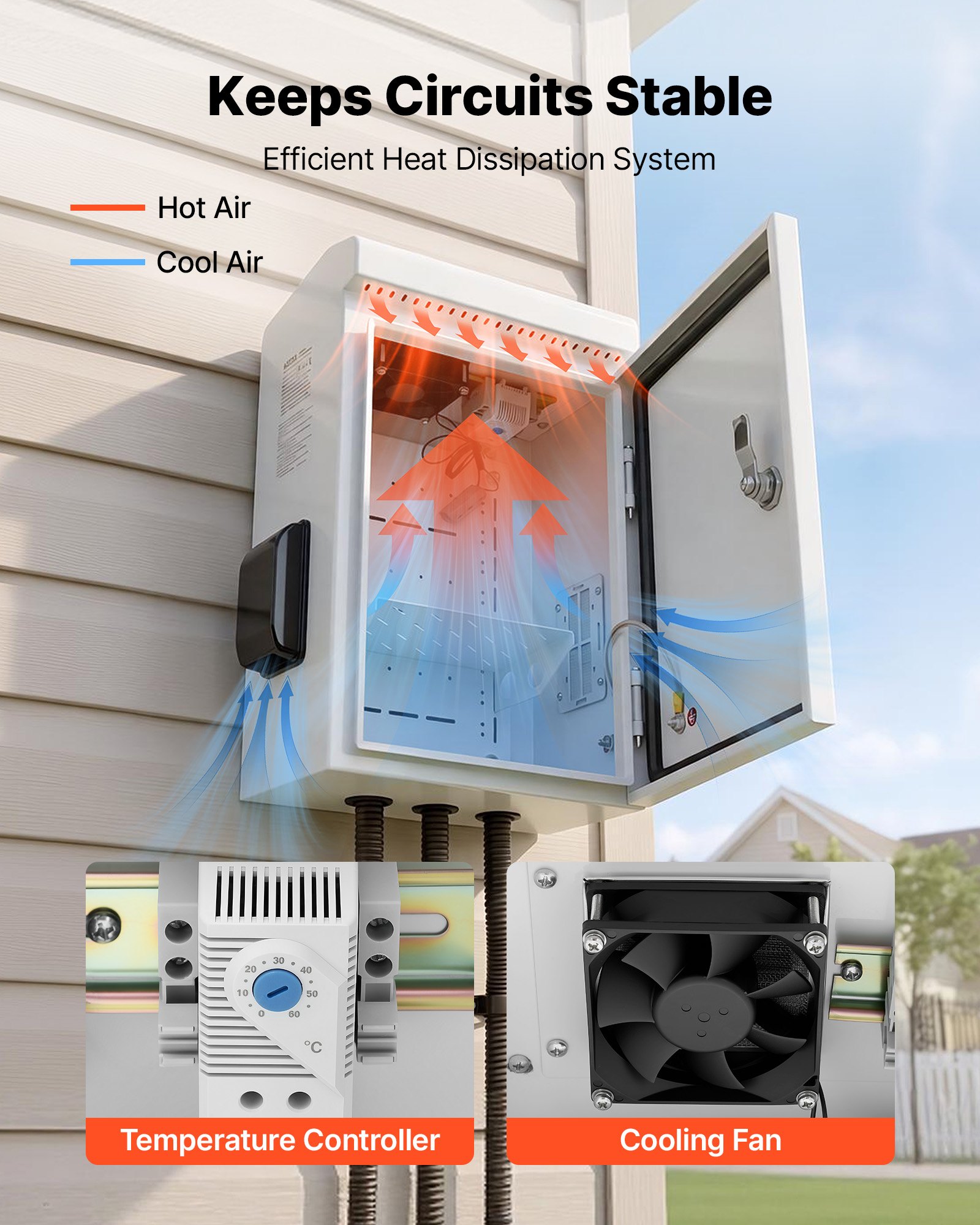 VEVOR Caja de Distribución Eléctrica de Acero Laminado en Frío, Armario de Distribución Impermeable con Termostato y Ventilador, Placa de Montaje, Carcasa Abatible, Montaje en Pared, 25 x 20 x 40 mm