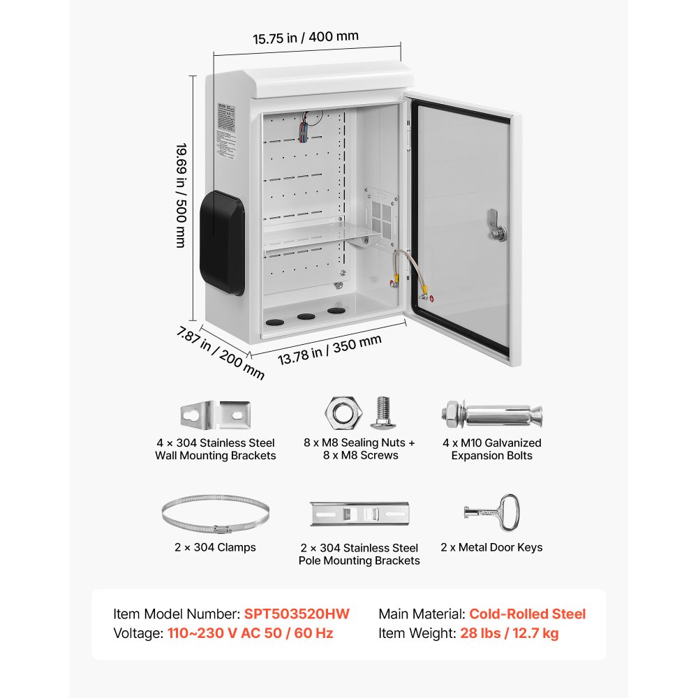 VEVOR Caja de Distribución Eléctrica de Acero Laminado en Frío, Armario de Distribución Impermeable con Termostato y Ventilador, Placa de Montaje, Carcasa Abatible, Montaje en Pared, 40 x 20 x 50 cm