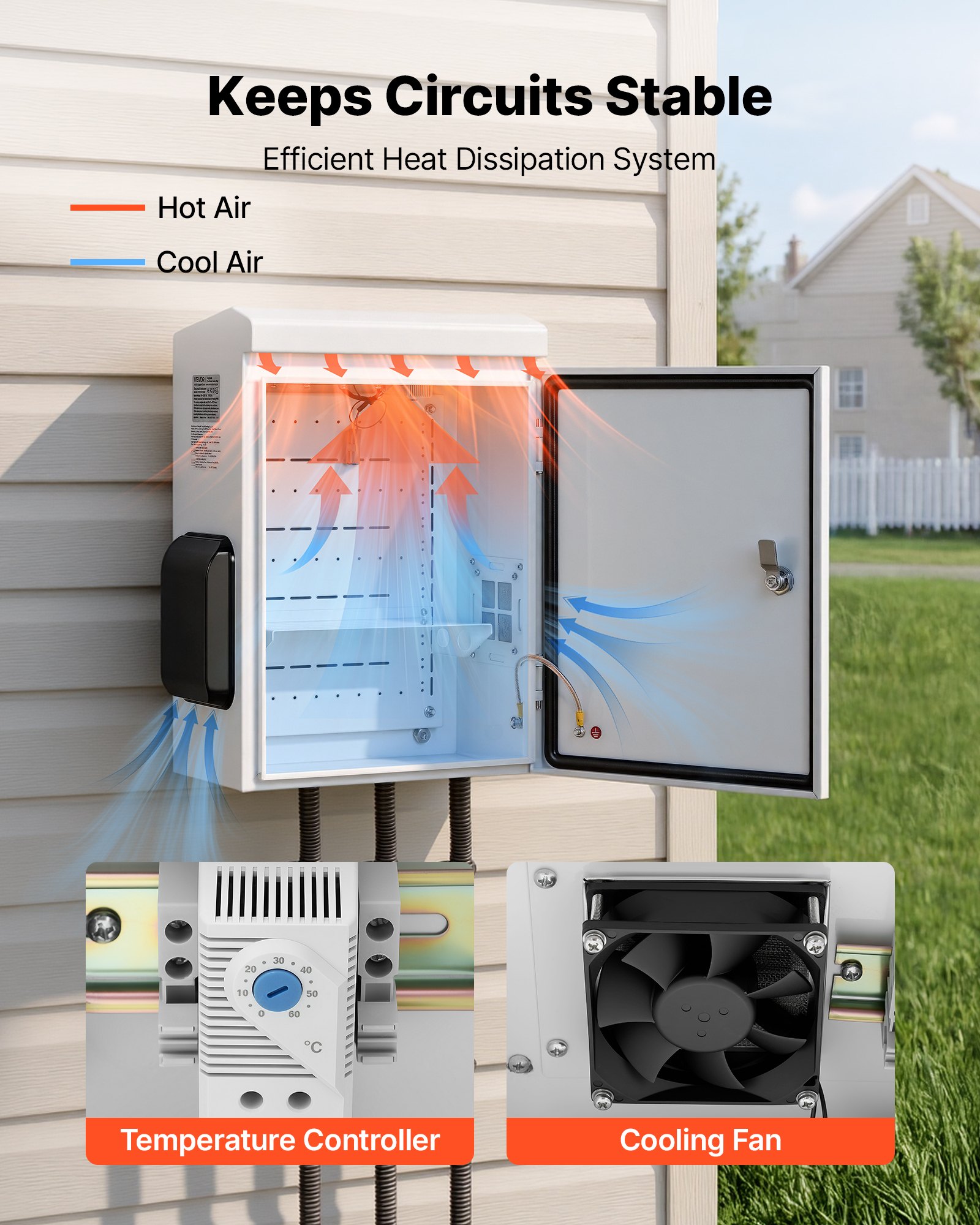 VEVOR Caja de Distribución Eléctrica de Acero Laminado en Frío, Armario de Distribución Impermeable con Termostato y Ventilador, Placa de Montaje, Carcasa Abatible, Montaje en Pared, 40 x 20 x 50 cm