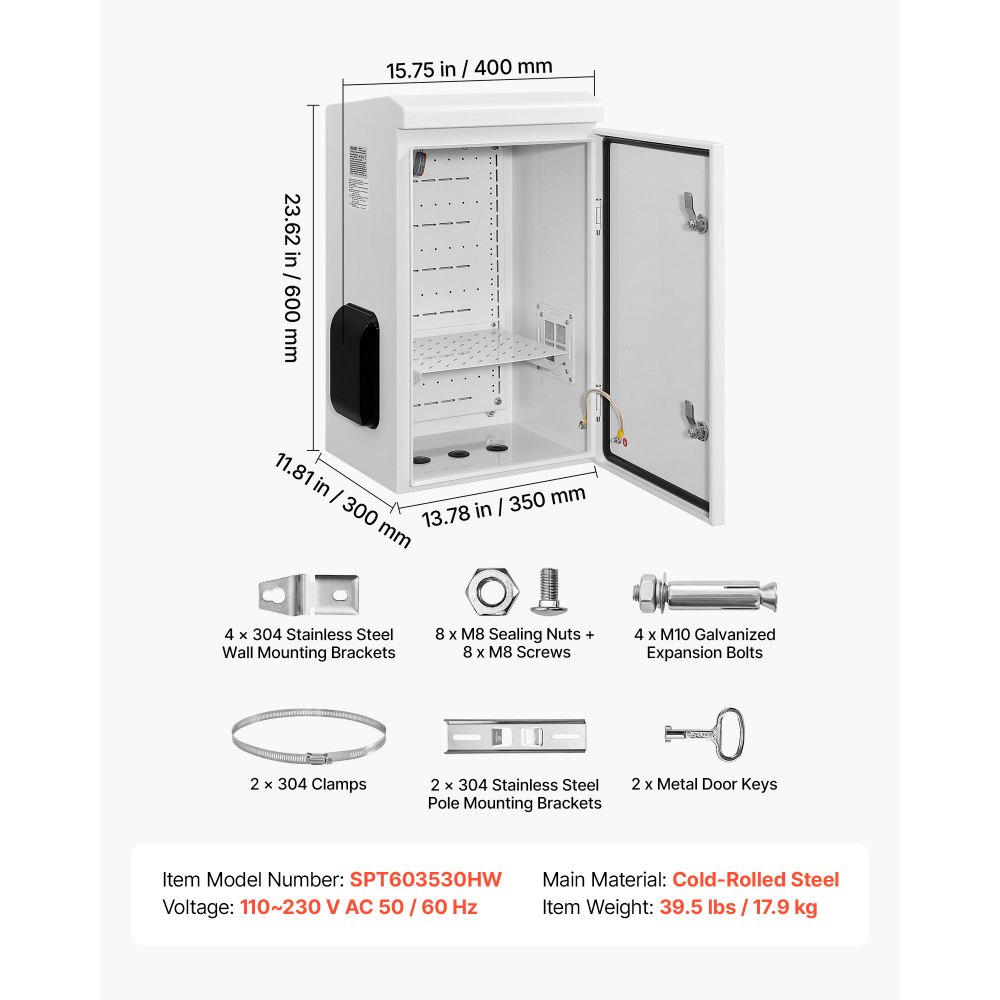 VEVOR Caja de Distribución Eléctrica de Acero Laminado en Frío, Armario de Distribución Impermeable con Termostato y Ventilador, Placa de Montaje, Carcasa Abatible, Montaje en Pared, 40 x 30 x 60 cm