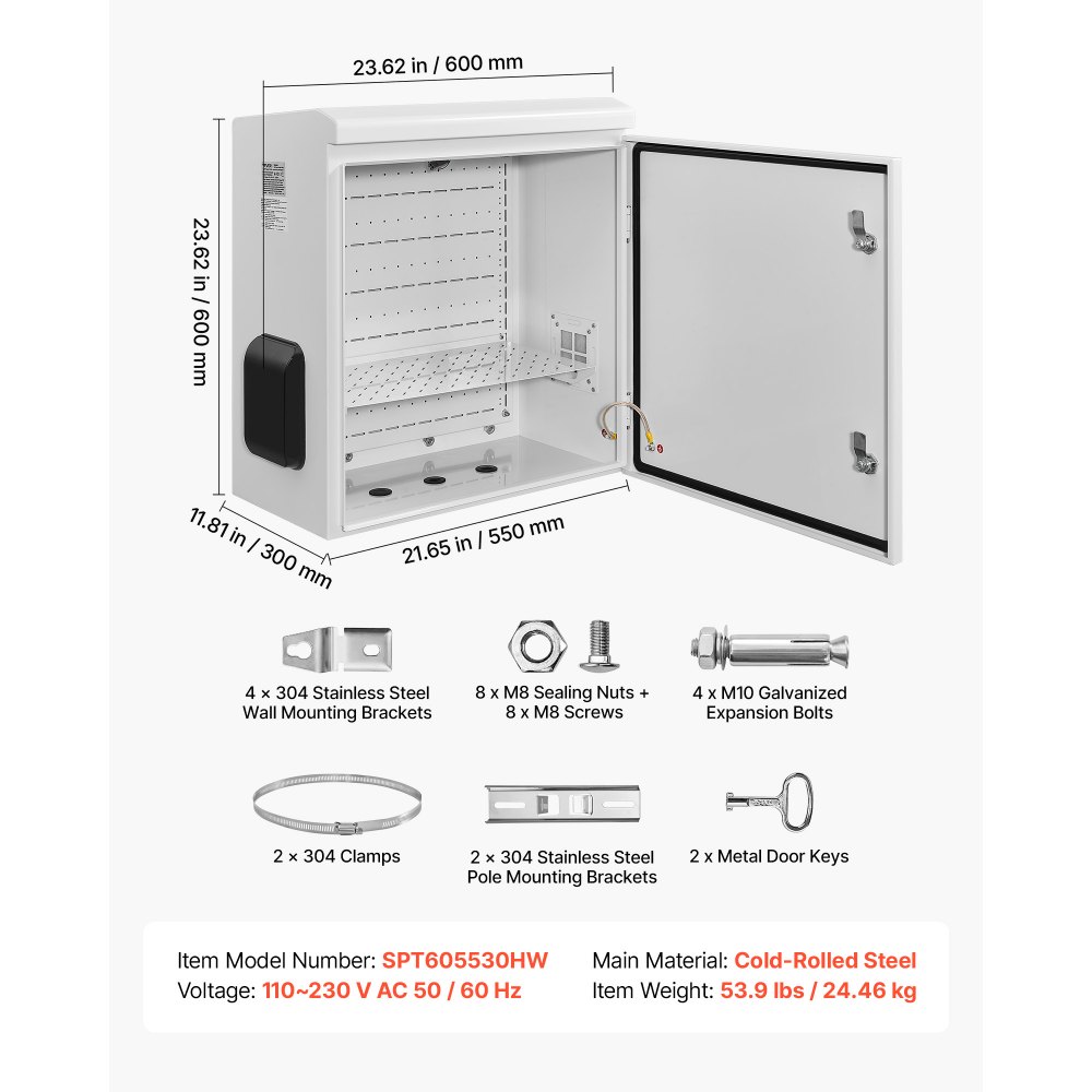 VEVOR Caja de Distribución Eléctrica de Acero Laminado en Frío, Armario de Distribución Impermeable con Termostato y Ventilador, Placa de Montaje, Carcasa Abatible, Montaje en Pared, 60 x 30 x 60 cm