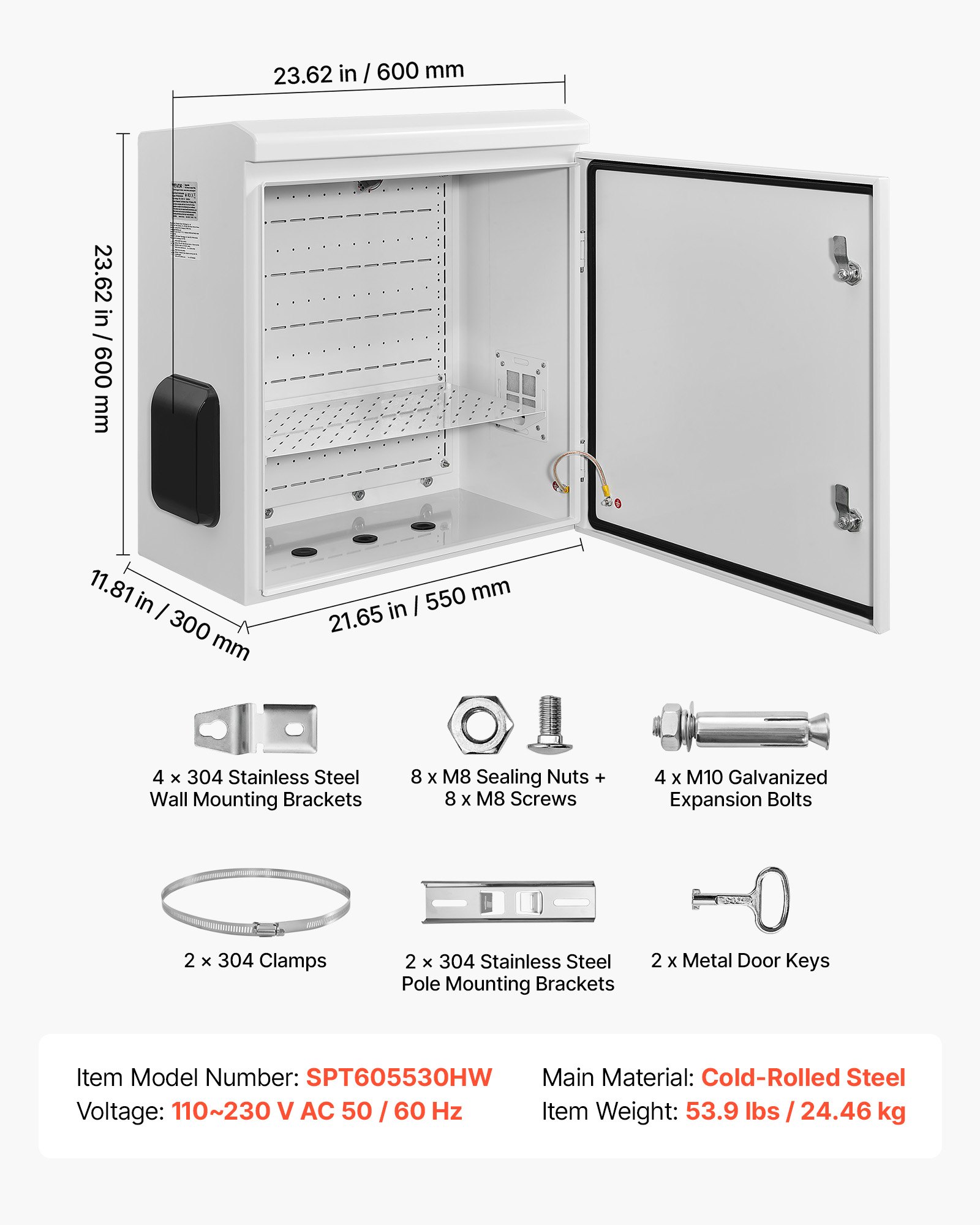 VEVOR Caja de Distribución Eléctrica de Acero Laminado en Frío, Armario de Distribución Impermeable con Termostato y Ventilador, Placa de Montaje, Carcasa Abatible, Montaje en Pared, 60 x 30 x 60 cm