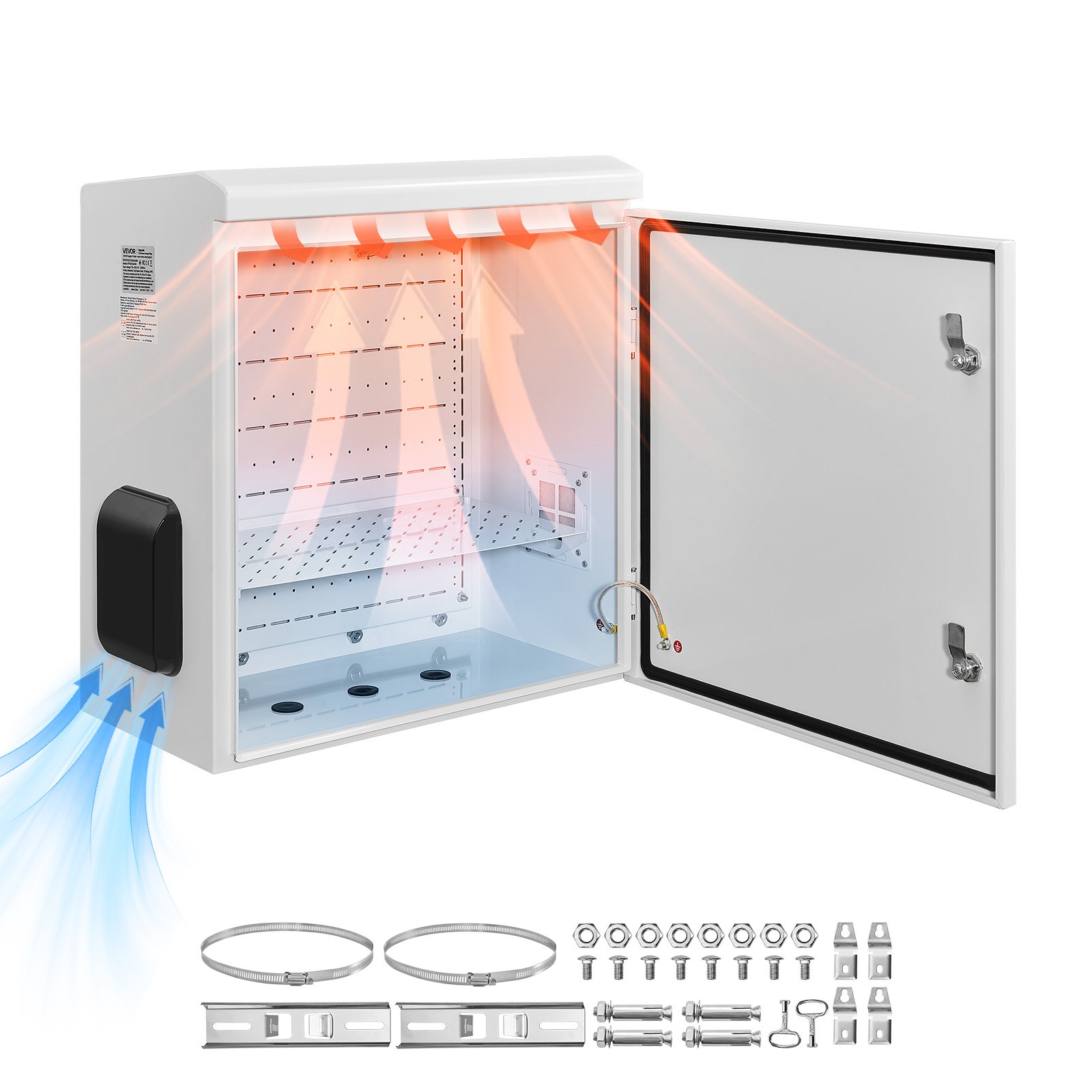 VEVOR Caja de Distribución Eléctrica de Acero Laminado en Frío, Armario de Distribución Impermeable con Termostato y Ventilador, Placa de Montaje, Carcasa Abatible, Montaje en Pared, 60 x 30 x 60 cm
