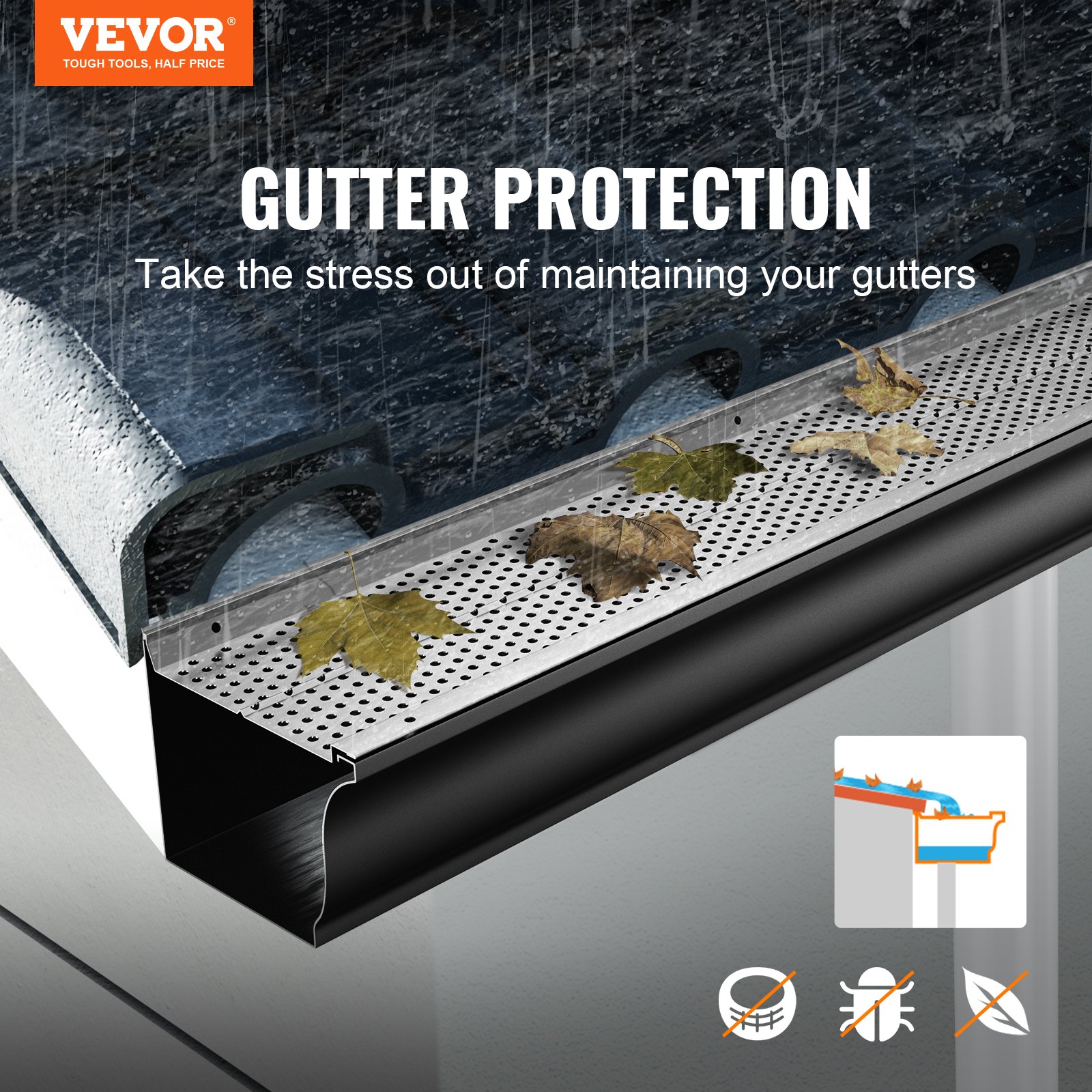 VEVOR gutter guard, 12.7 cm wide, aluminum leaf filter, DIY gutter cover, 13 pieces, 152 m total length, 0.4 cm hole diameter and 0.05 cm thick, Raptor gutter guard, fits