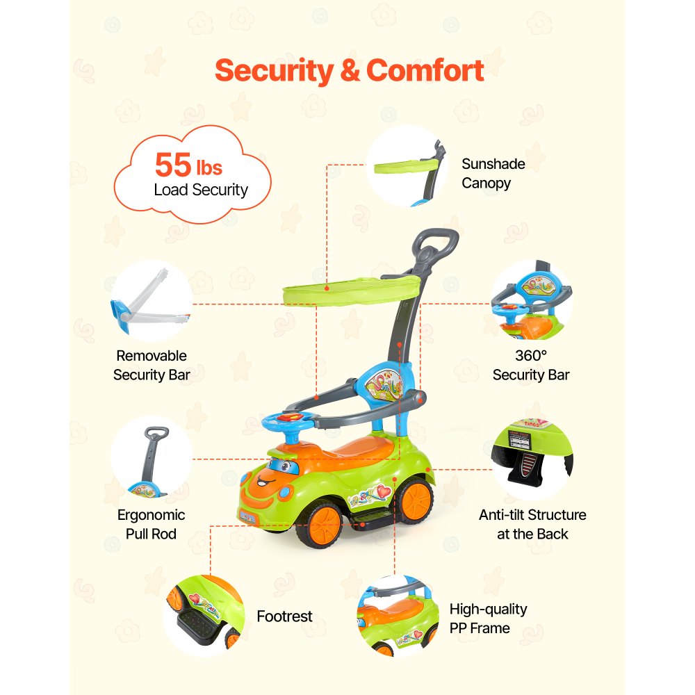 VEVOR Coche de Empuje para Montar, Andador de 830 x 420 x 880 mm con Barandilla, Asa y Espacio de Almacenamiento Bajo el Asiento, Capacidad de Carga de 25 kg, para Niños de 19 a 36 Meses