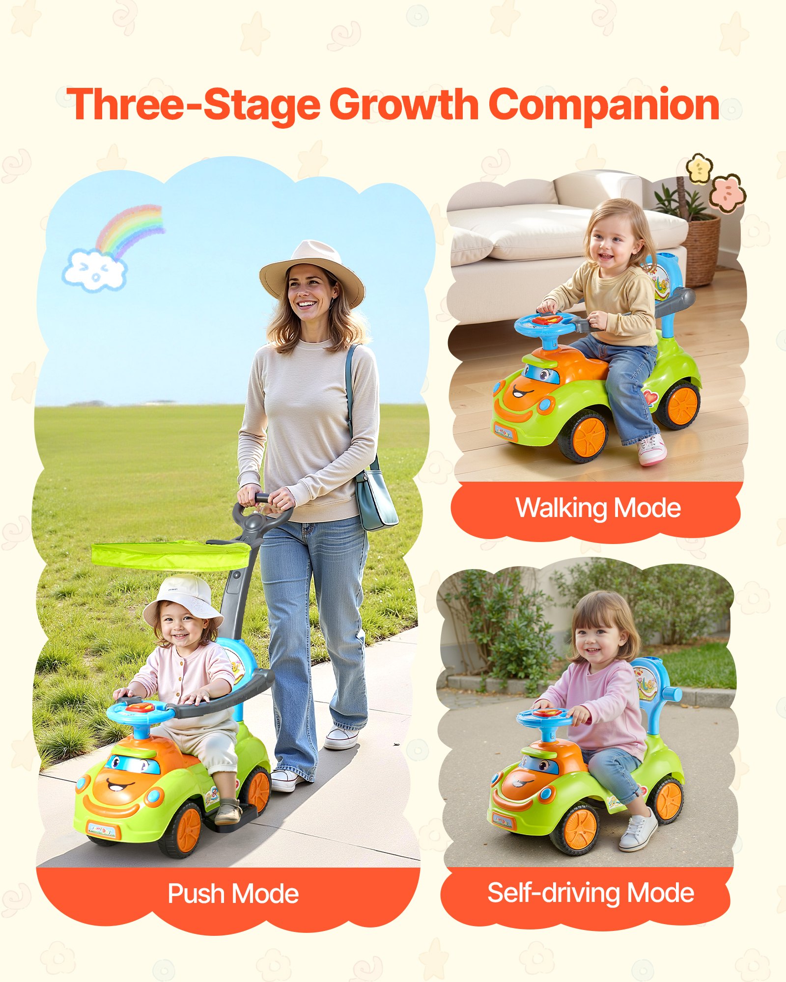 VEVOR Coche de Empuje para Montar, Andador de 830 x 420 x 880 mm con Barandilla, Asa y Espacio de Almacenamiento Bajo el Asiento, Capacidad de Carga de 25 kg, para Niños de 19 a 36 Meses