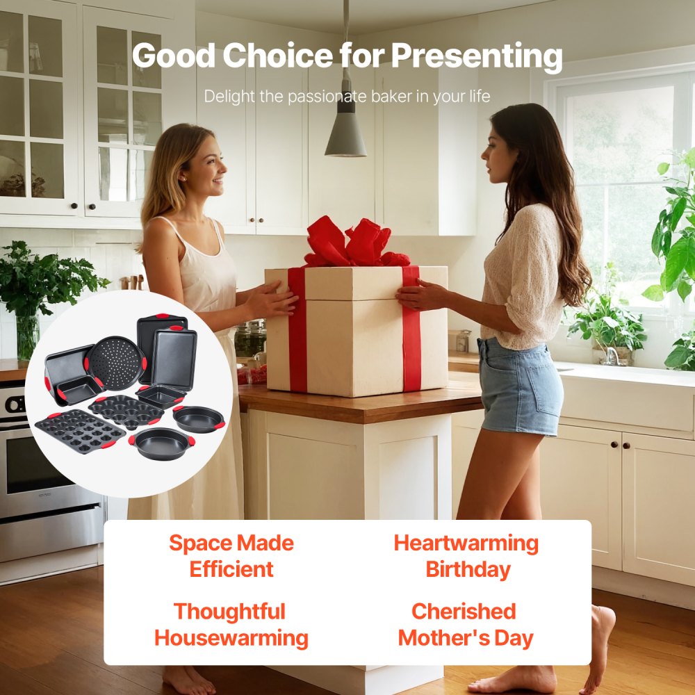 VEVOR 10-piece baking set, non-stick cookware plates and trays, carbon steel, oven-safe baking cookware sets with silicone handles, for cookies, cakes, muffins, bread, black