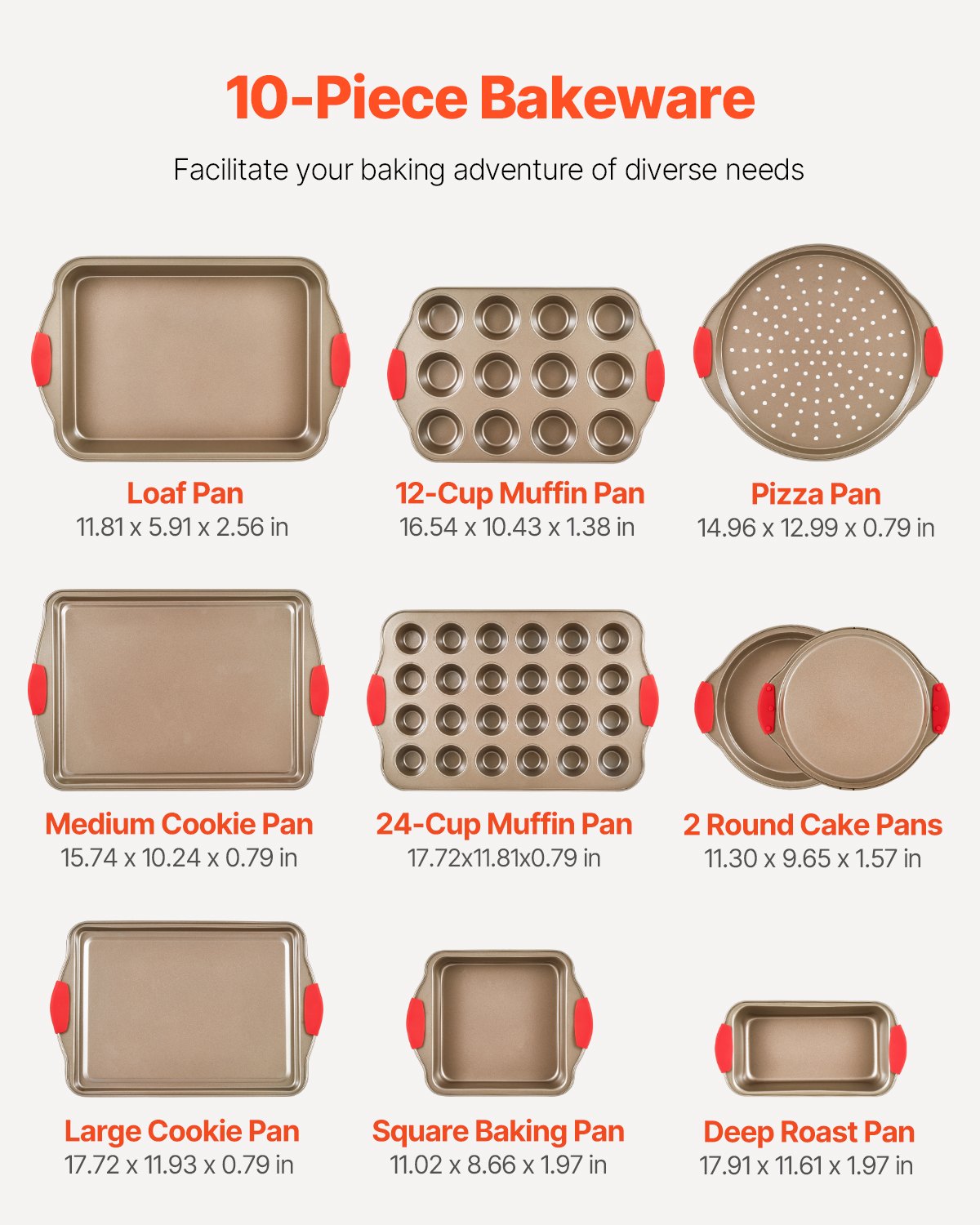 VEVOR Juego de Sartenes para Hornear, 10 Piezas, Bandejas y Hojas de Acero al Carbono Antiadherentes, Utensilios de Cocina Apilables para Horno con Asas de Silicona, Fáciles de Limpiar, Dorado