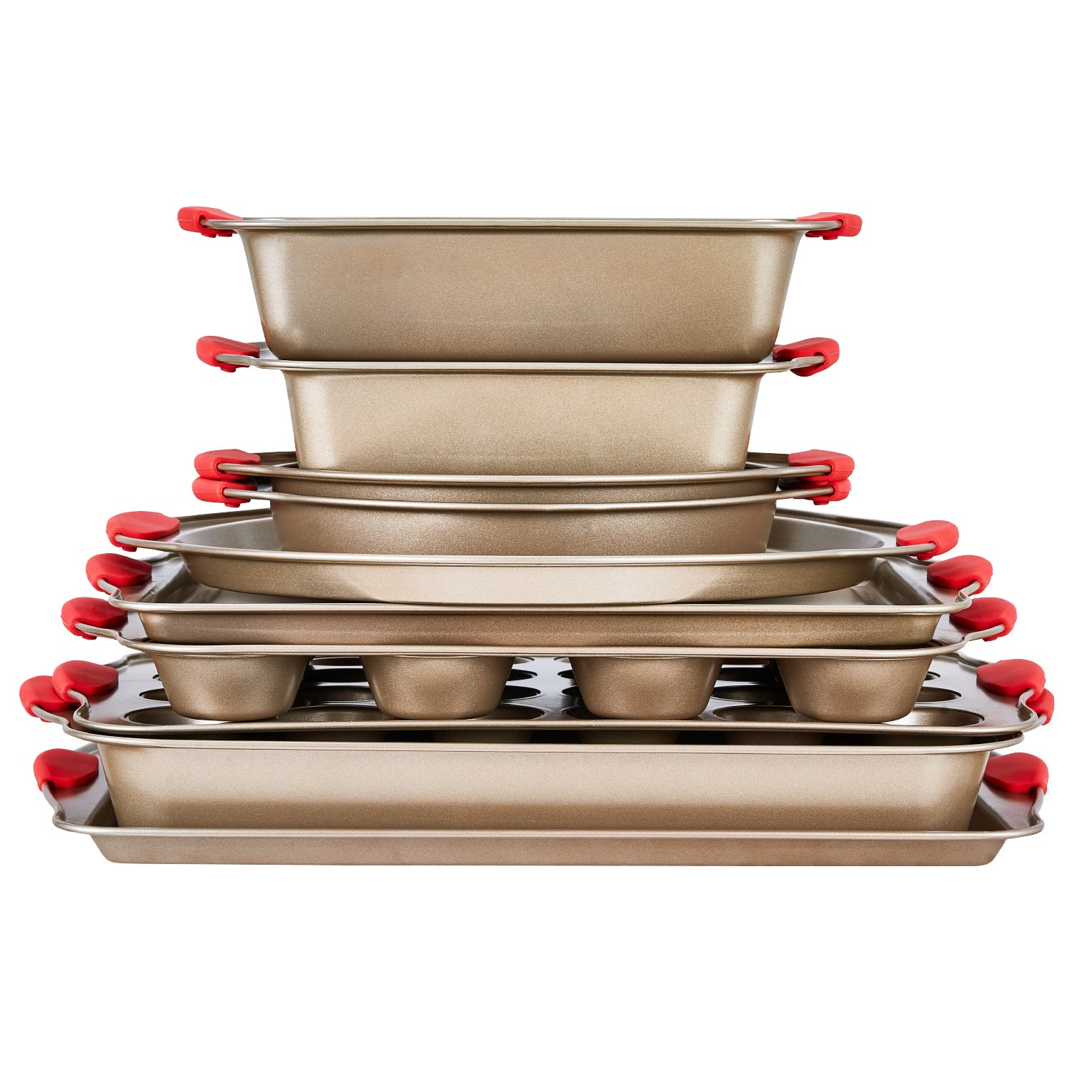 VEVOR Juego de Sartenes para Hornear, 10 Piezas, Bandejas y Hojas de Acero al Carbono Antiadherentes, Utensilios de Cocina Apilables para Horno con Asas de Silicona, Fáciles de Limpiar, Dorado