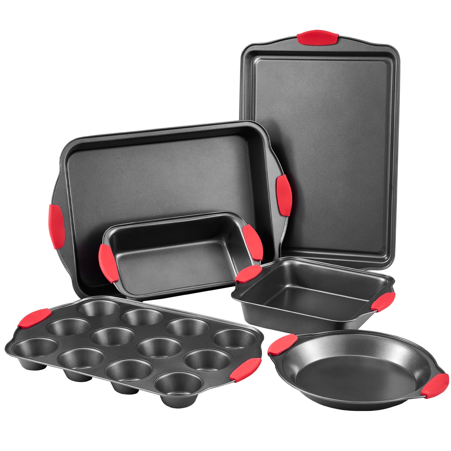 VEVOR Juego de Sartenes para Hornear, 6 uds, Bandejas y Hojas de Acero al Carbono Antiadherentes, Utensilios de Cocina Apilables para Horno con Asas de Silicona, para Hornear Galletas, Negro