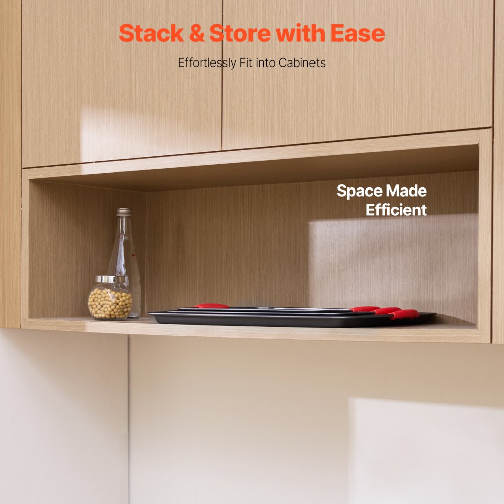 VEVOR Juego de Sartenes para Hornear, 3 Piezas, Bandejas y Hojas de Acero al Carbono Antiadherentes, Utensilios de Cocina Apilables para Horno con Asas de Silicona, para Hornear Galletas, Negro