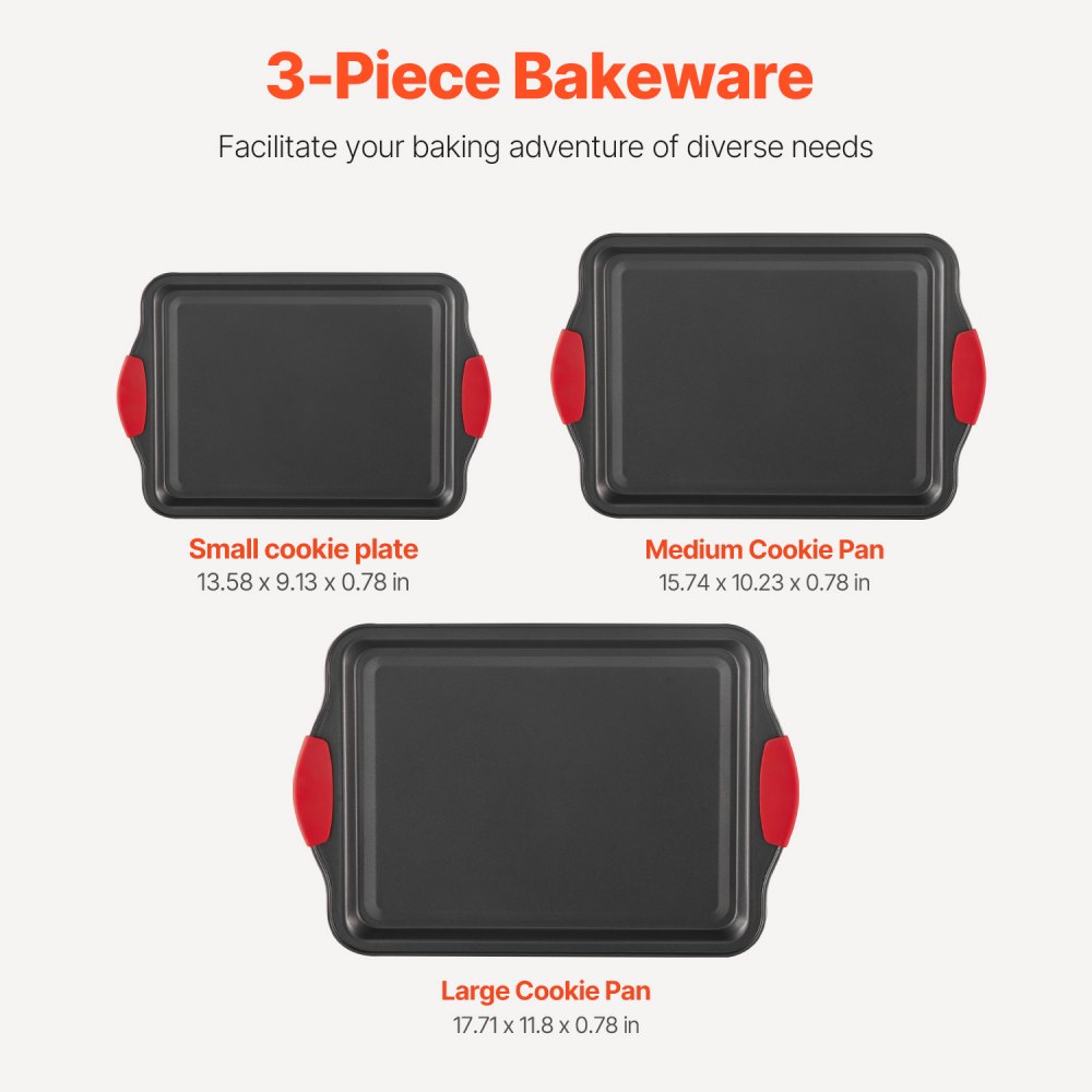 VEVOR 3-Piece Baking Set, Non-Stick Carbon Steel Cookware Plates and Trays, Oven-Safe Baking Sets with Silicone Handles, for Cookies, Cakes, Muffins, and Bread