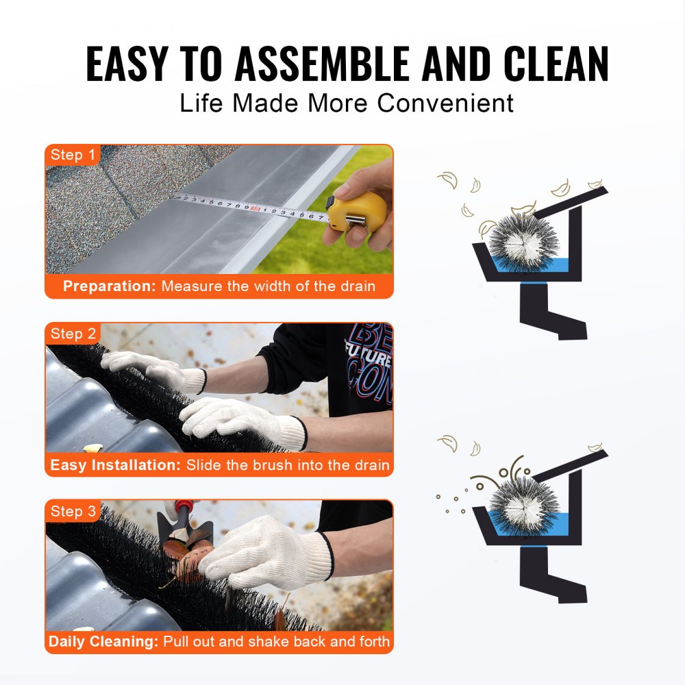 VEVOR Cepillo para Canalones 60 Piezas Longitud Total de 18,3 m Diámetro de 133,4 mm Protector de Hojas Cepillo de Limpieza para Canalones de 15,2 cm Elimina Fácilmente Hojas y Escombros del Techo