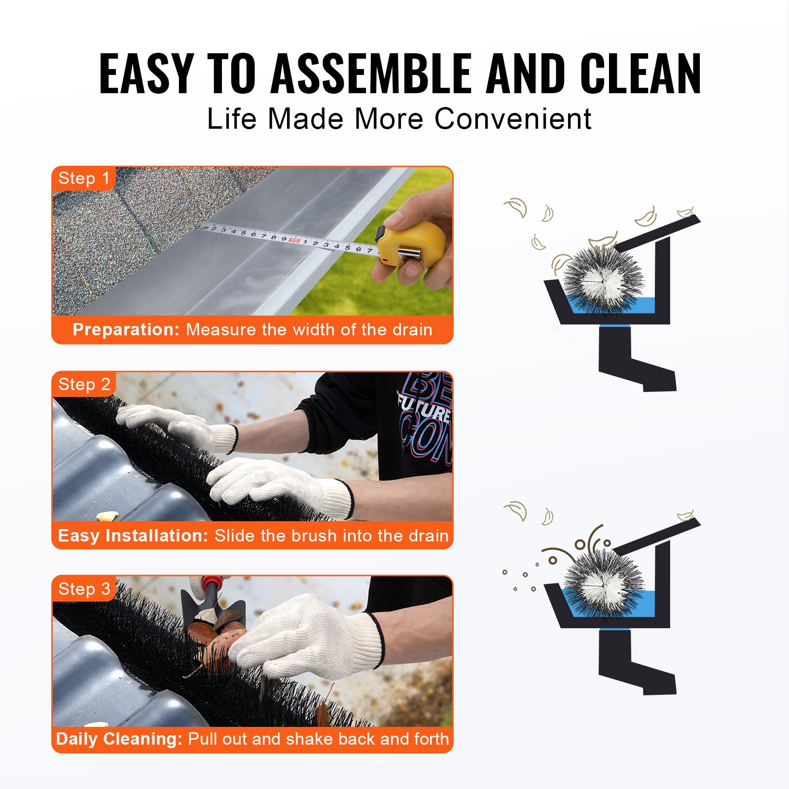 VEVOR Cepillo para Canalones 60 Piezas Longitud Total de 18,3 m Diámetro de 133,4 mm Protector de Hojas Cepillo de Limpieza para Canalones de 15,2 cm Elimina Fácilmente Hojas y Escombros del Techo