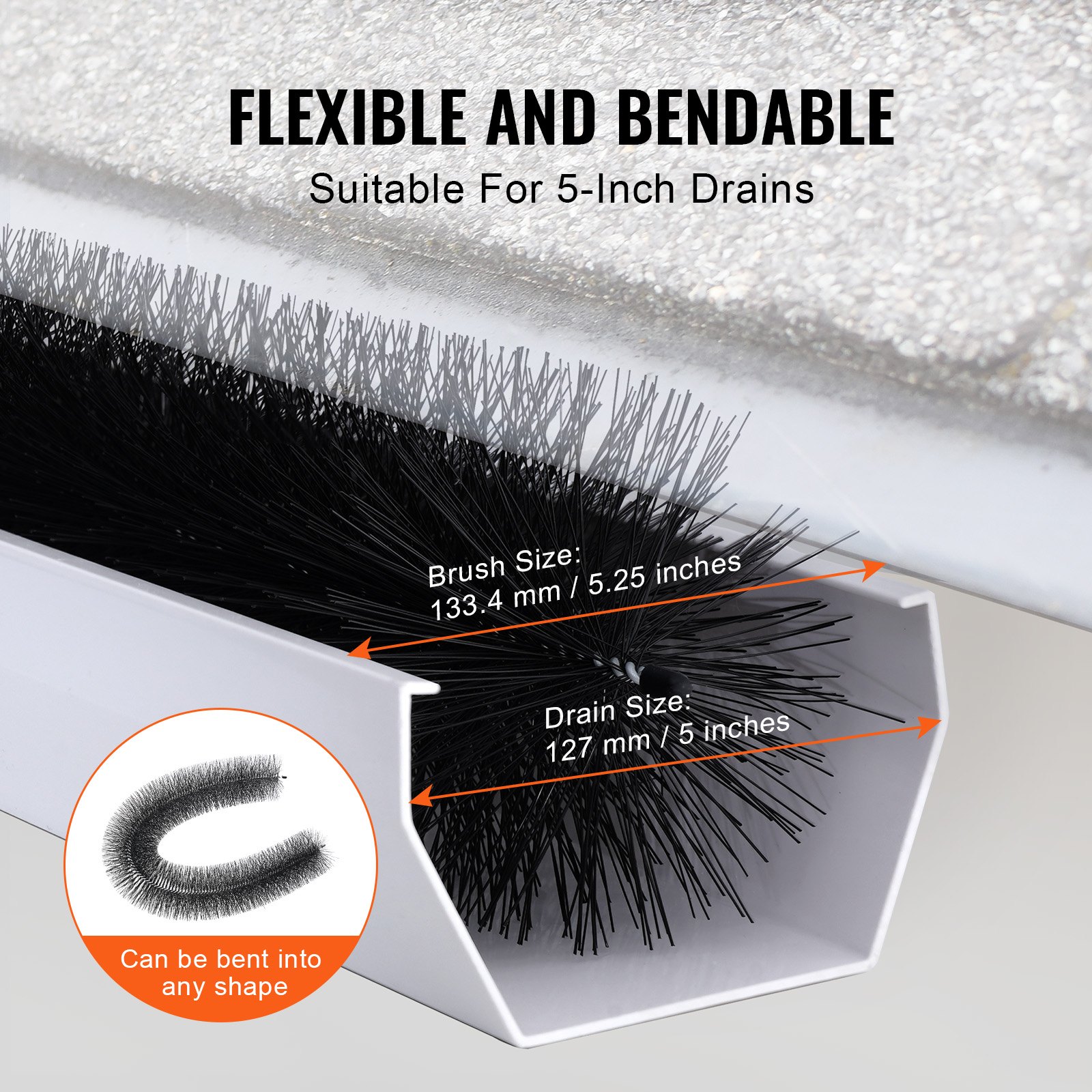 VEVOR Cepillo para Canalones 60 Piezas Longitud Total de 18,3 m Diámetro de 133,4 mm Protector de Hojas Cepillo de Limpieza para Canalones de 15,2 cm Elimina Fácilmente Hojas y Escombros del Techo