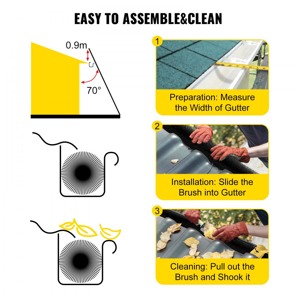 VEVOR 40 Cepillos Protectores de Canalones con Cerdas, Protector de Hojas para Canalones, Cepillo de Canalones de Alambre de Acero Galvanizado, sin Herramientas para Mantener Fuera los Desechos, Negro