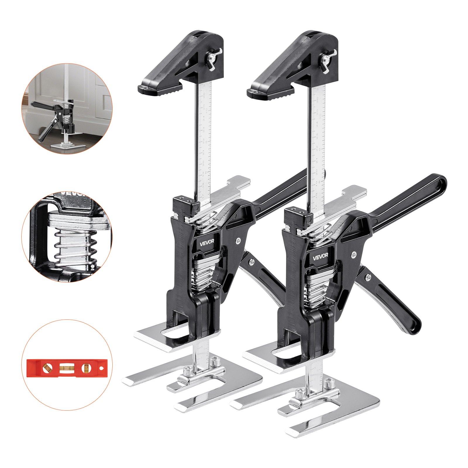 VEVOR Brazo Ahorrador de Trabajo 2 Piezas Carga de 150 kg Elevación hasta 180 mm Levantador Manual de Placas de Metal Estable con Nivel Magnético para Puertas, Ventanas, Muebles, Carpintería, Negro