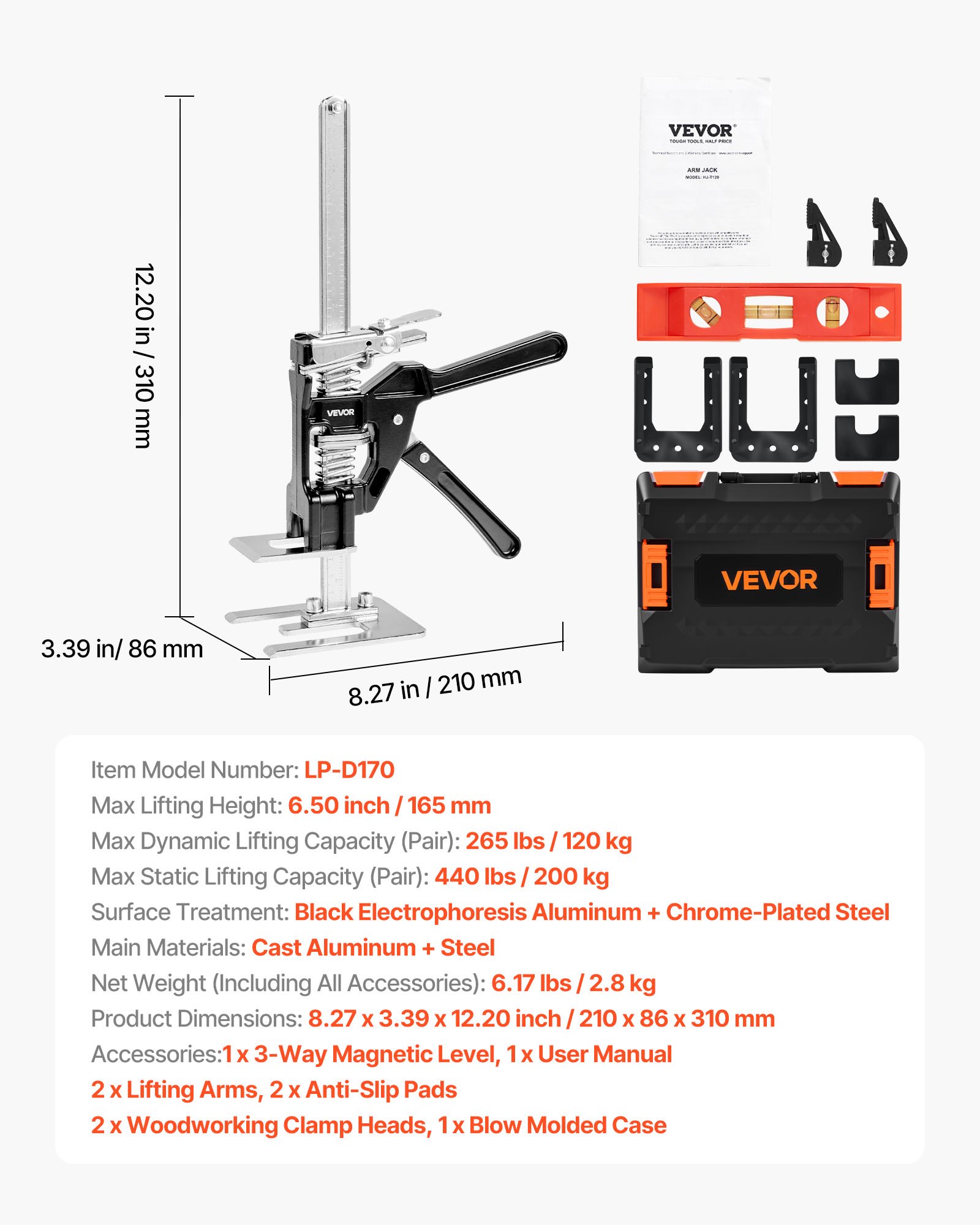 VEVOR Brazo Ahorrador de Trabajo 2 Piezas Carga de 200 kg Elevación hasta 165 mm Levantador Manual de Placas de Metal con Nivel Magnético 2 Modos de Ajuste para Puertas, Ventanas, Muebles, Negro